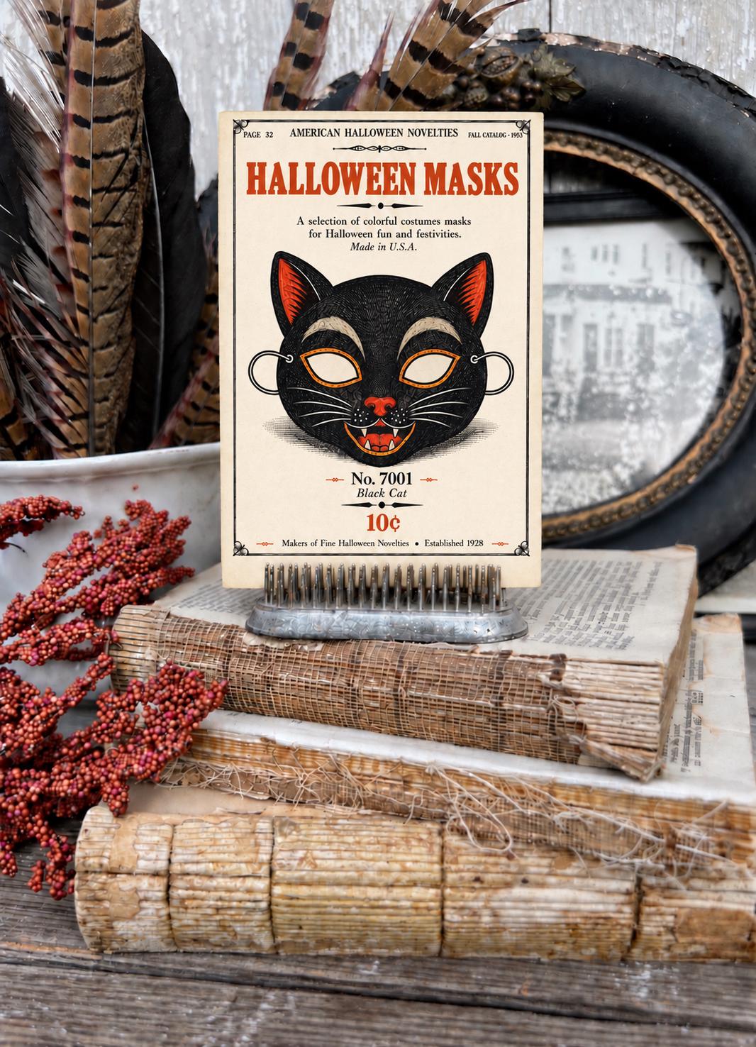 BLACK CAT MASK Vintage Halloween Catalog Card Fall Decor Sign