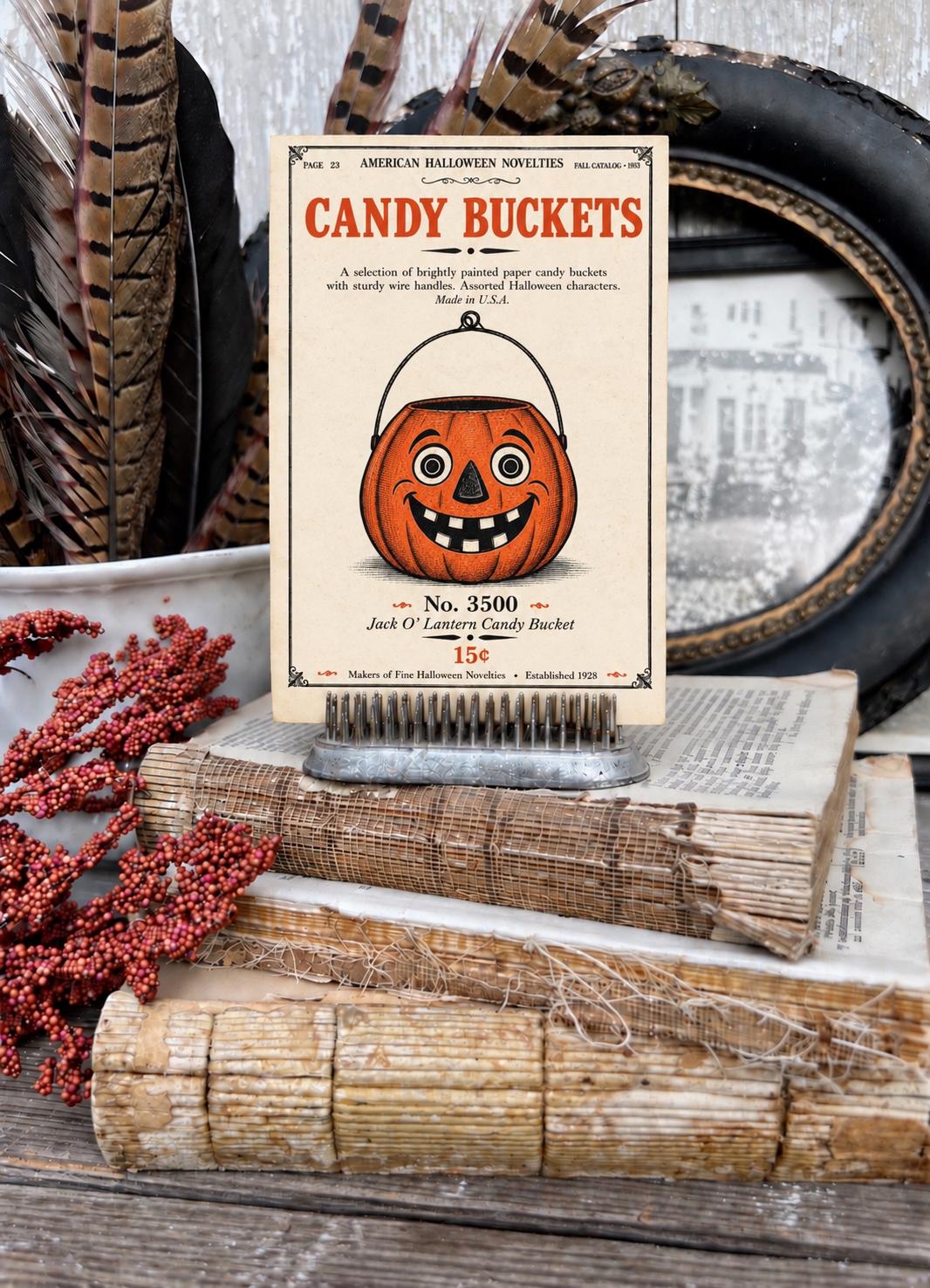 JACK o LANTERN Candy BUCKET Vintage Halloween Catalog Card Fall Decor Sign