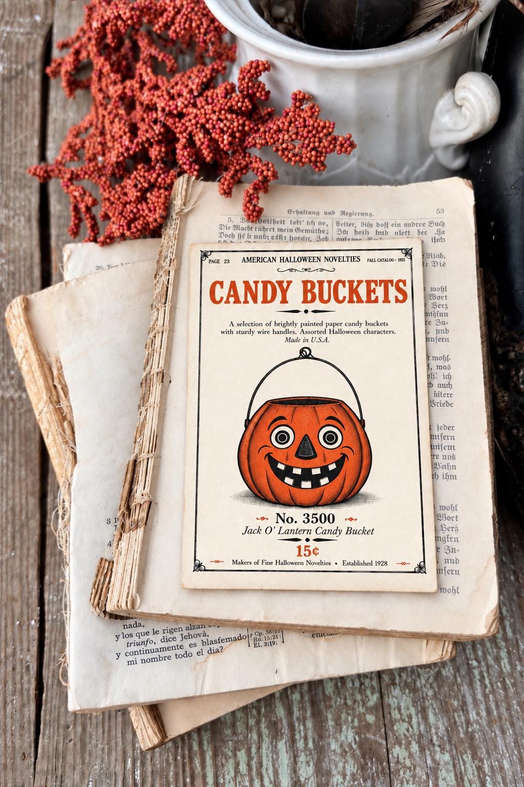 JACK o LANTERN Candy BUCKET Vintage Halloween Catalog Card Fall Decor Sign