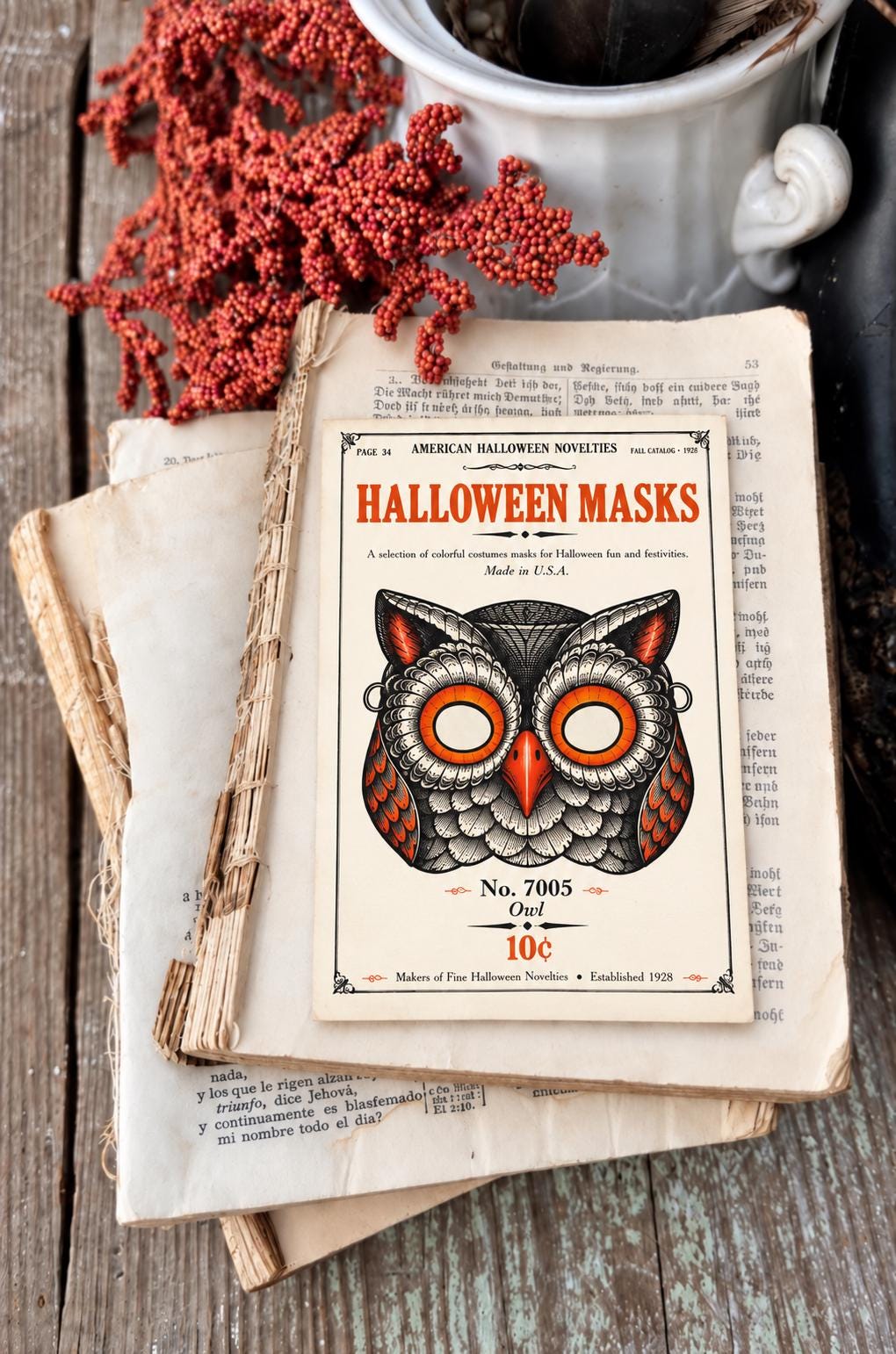 OWL MASK Vintage Halloween Catalog Card Fall Decor Sign