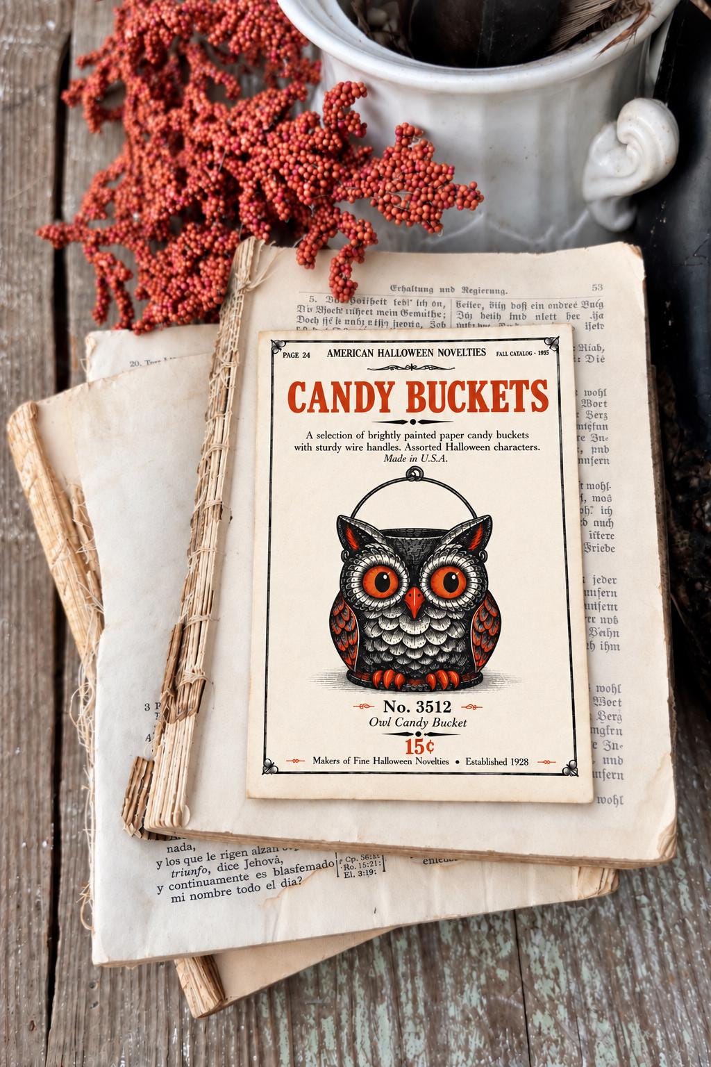 OWL CANDY BUCKET Vintage Halloween Catalog Card Fall Decor Sign