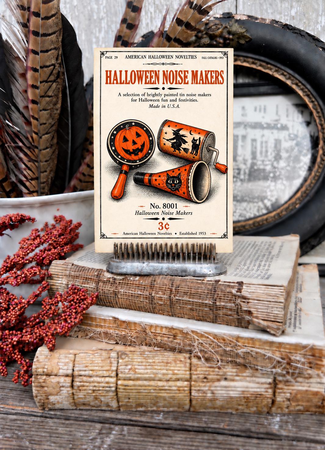 HALLOWEEN NOISE MAKERS Vintage Toy Catalog Card Fall Party Decor Sign