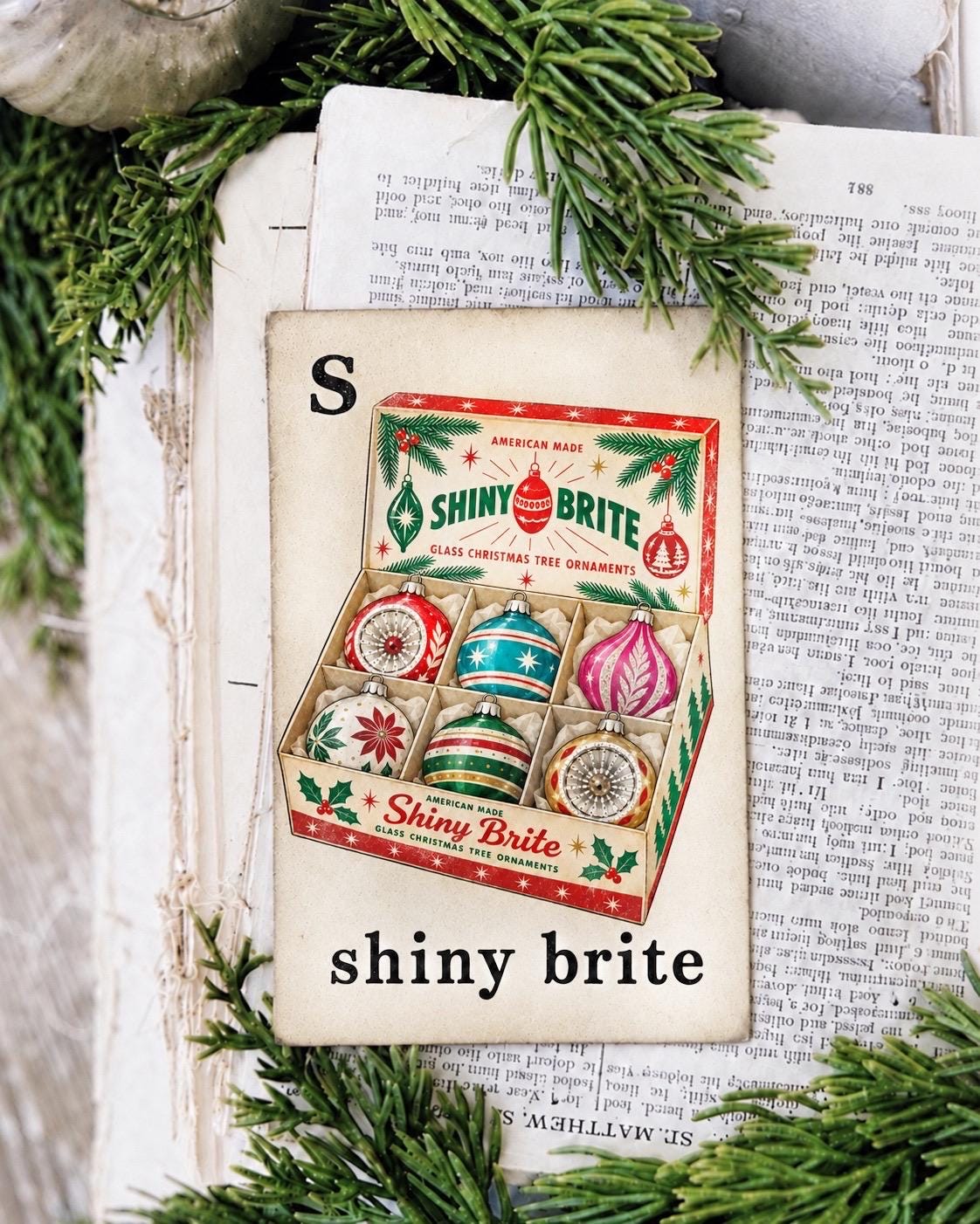 SHINY BRITE Flash Card Vintage Ornament Christmas Farmhouse Decor Party