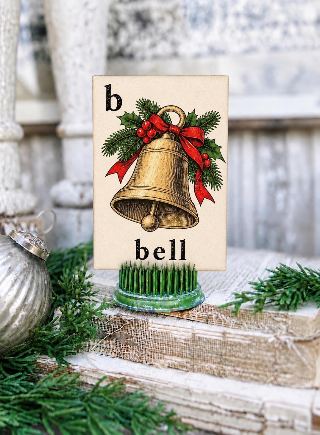 CHRISTMAS BELL Flash Card Vintage Farmhouse Decor Party Sign