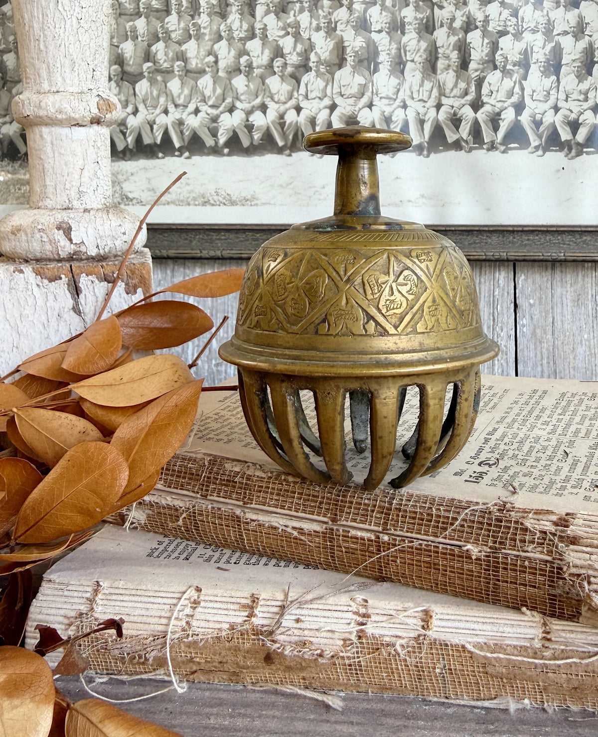 Vintage Brass Claw Bell Etched Handheld Dinner Farmhouse Decor Primitive