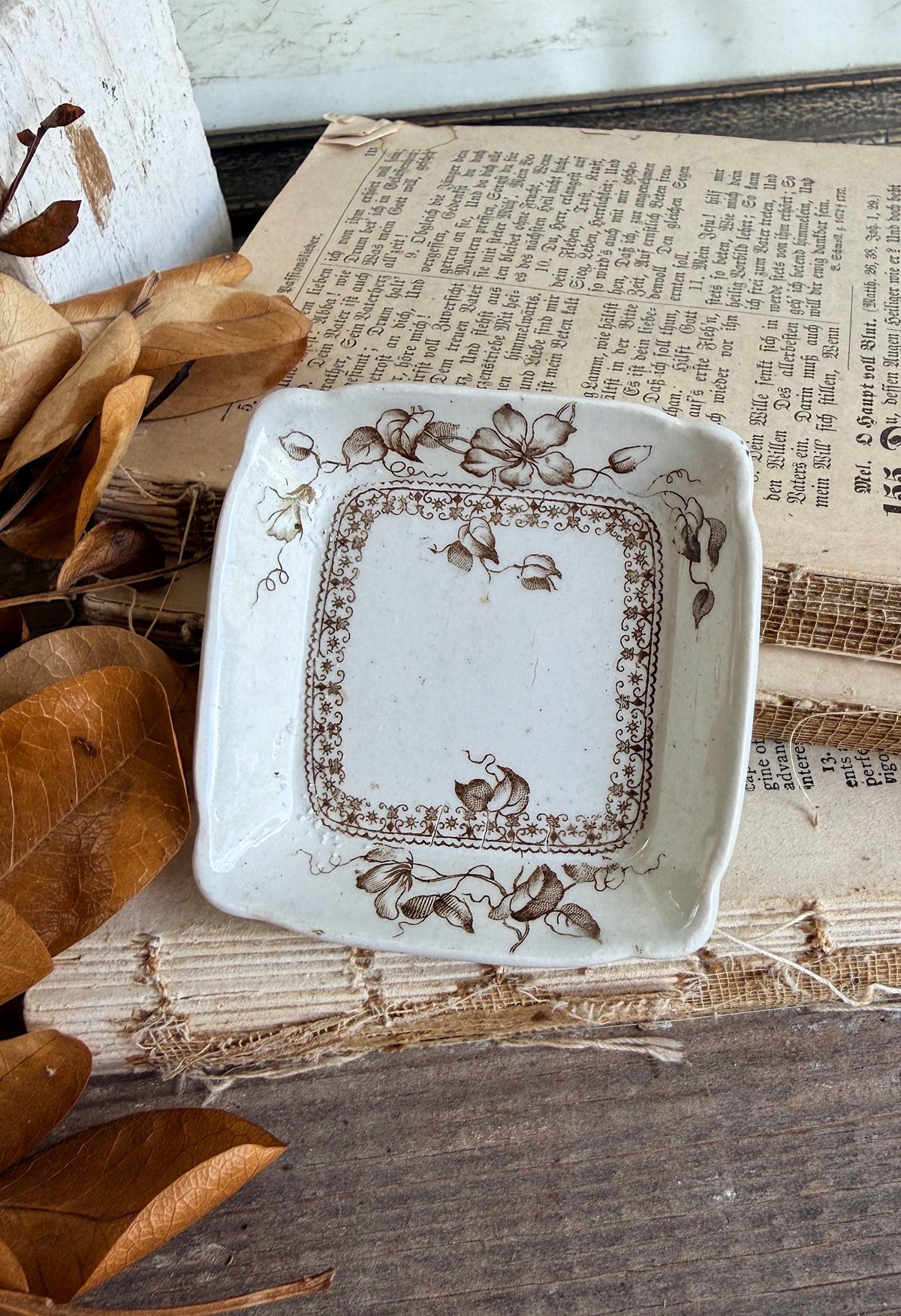 Antique SQUARE White Ironstone Butter Pat BROWN Transferware Farmhouse KENT