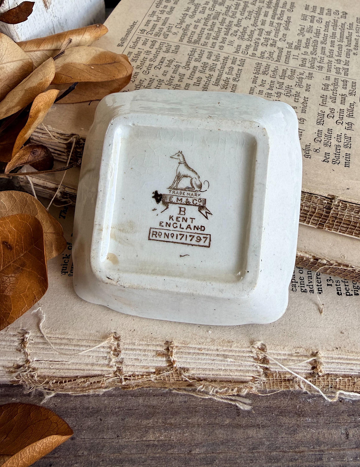 Antique SQUARE White Ironstone Butter Pat BROWN Transferware Farmhouse KENT