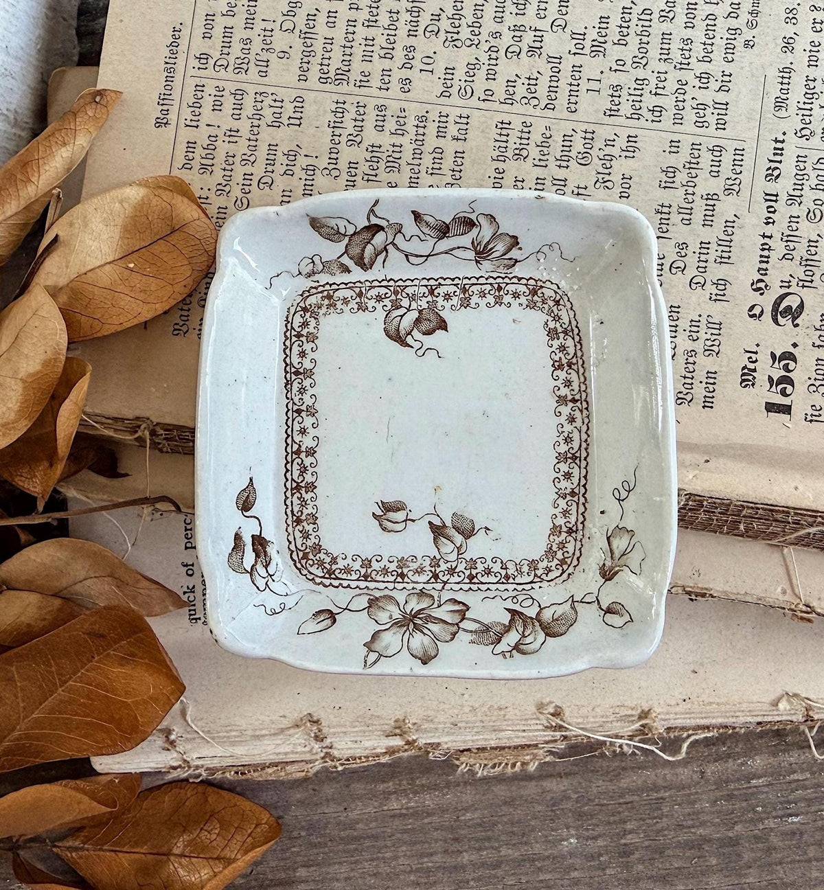 Antique SQUARE White Ironstone Butter Pat BROWN Transferware Farmhouse KENT