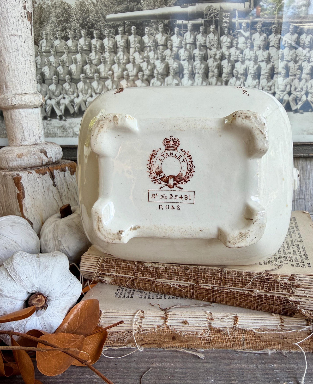 Antique Ironstone Sugar Bowl Jar Biscuit BROWN Transferware BIRD Farmhouse Decor