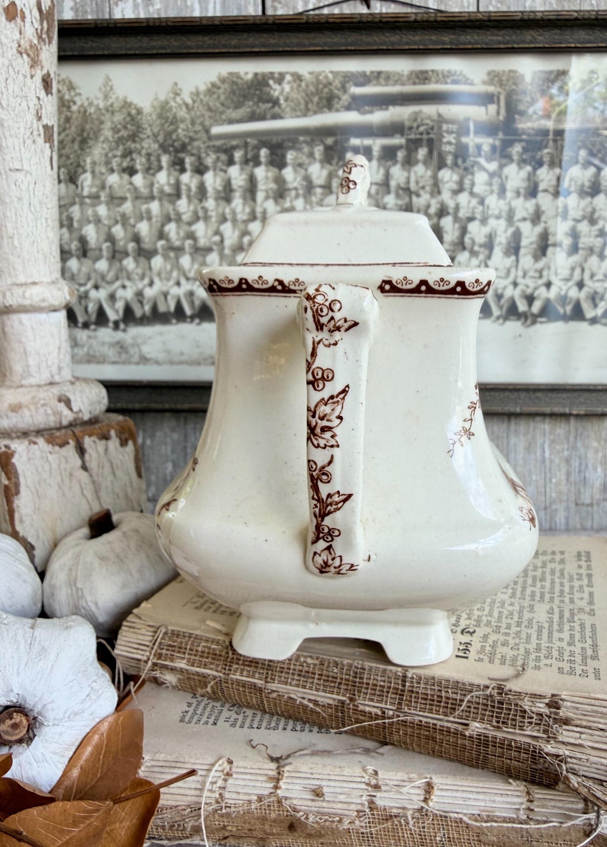 Antique Ironstone Sugar Bowl Jar Biscuit BROWN Transferware BIRD Farmhouse Decor