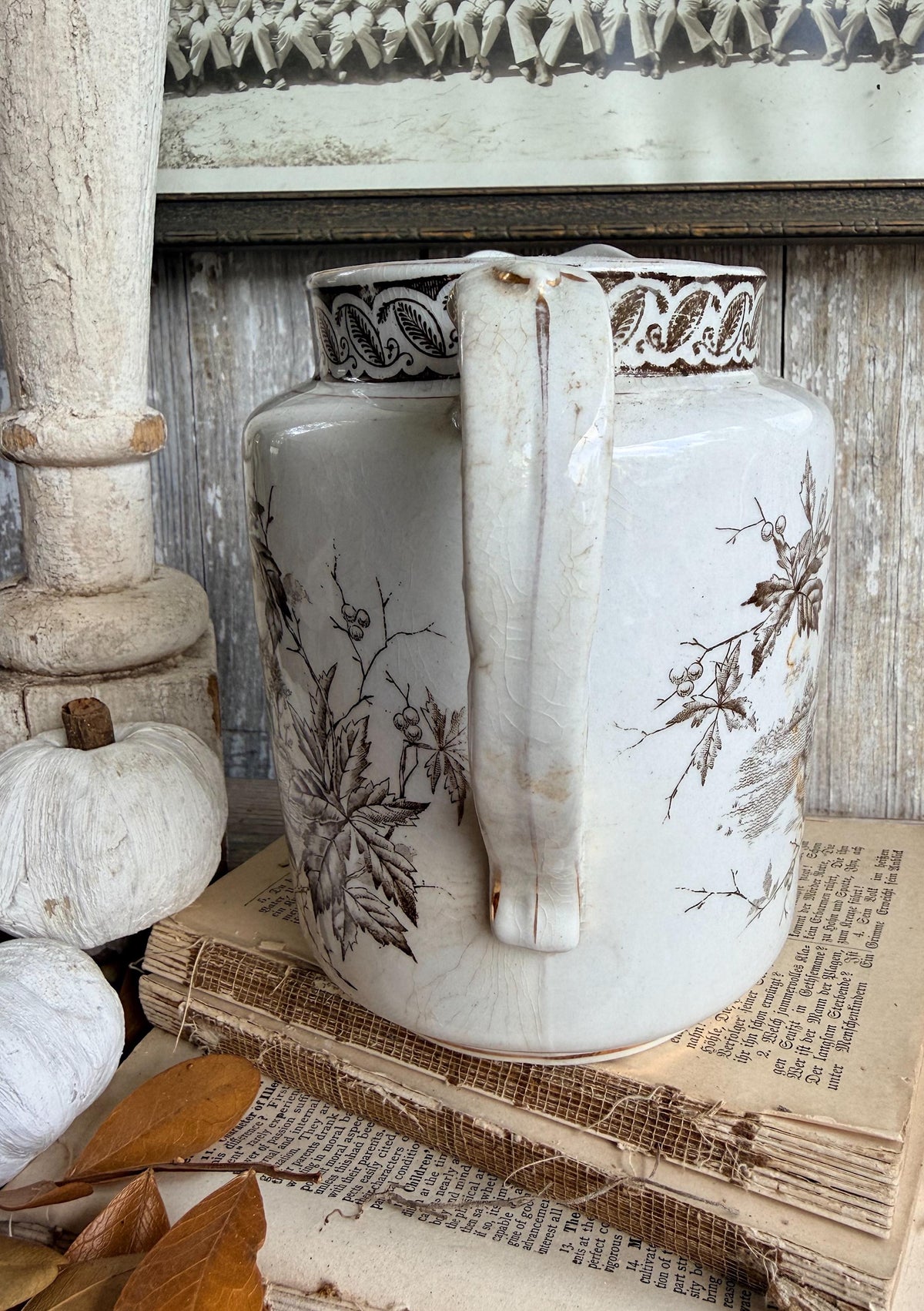 Antique Ironstone Pitcher Brown Transferware Royal England Farmhouse Decor