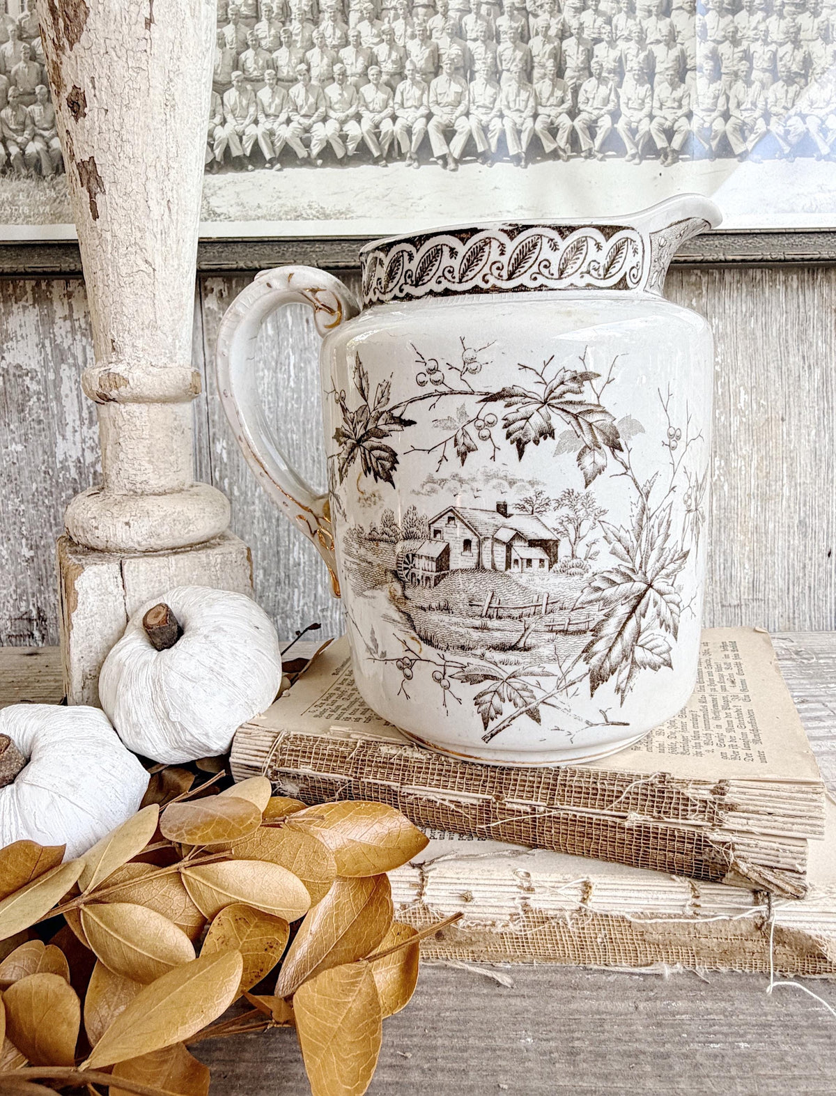 Antique Ironstone Pitcher Brown Transferware Royal England Farmhouse Decor