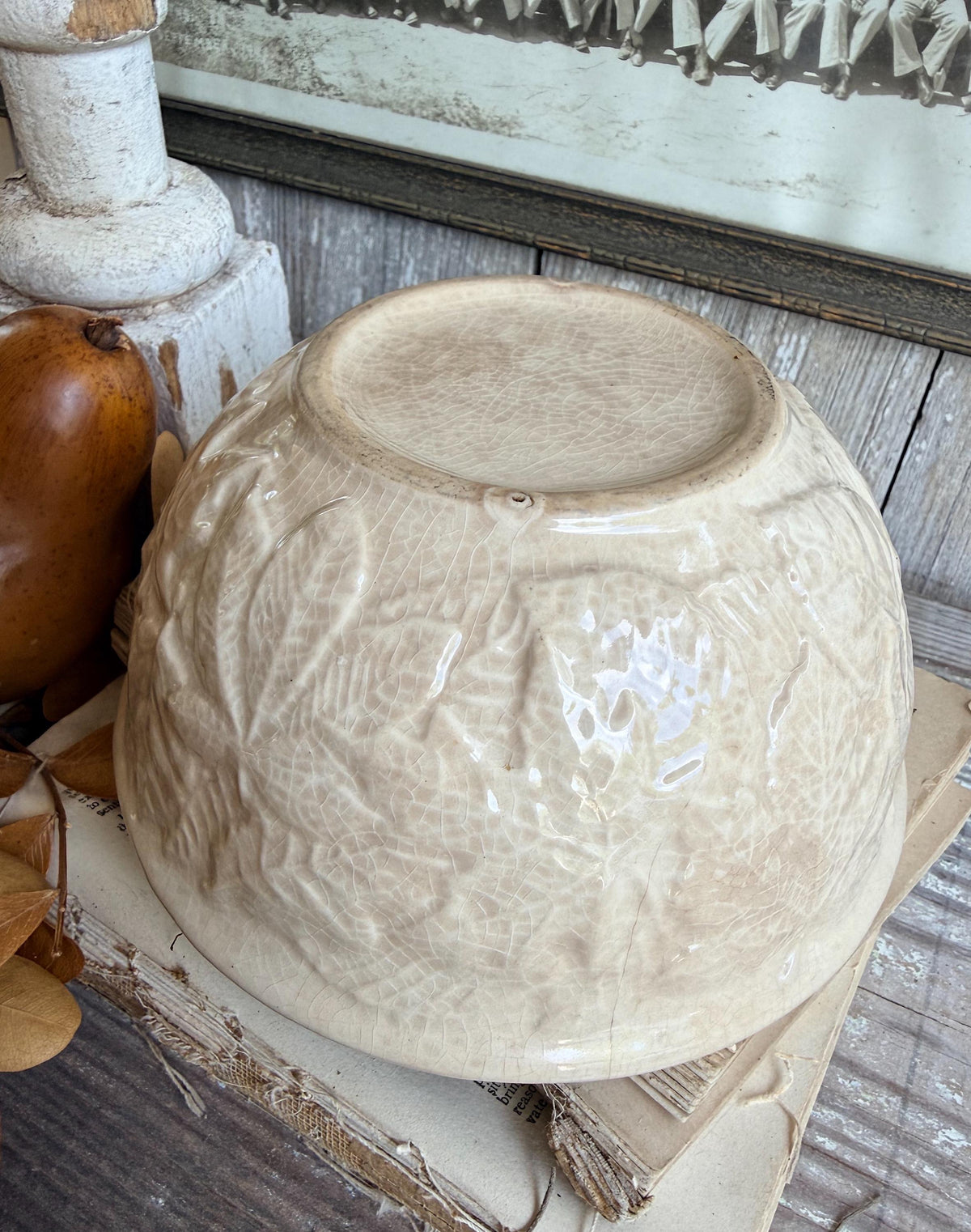Antique White Ironstone Bowl Crazed Stained Fall Leaves