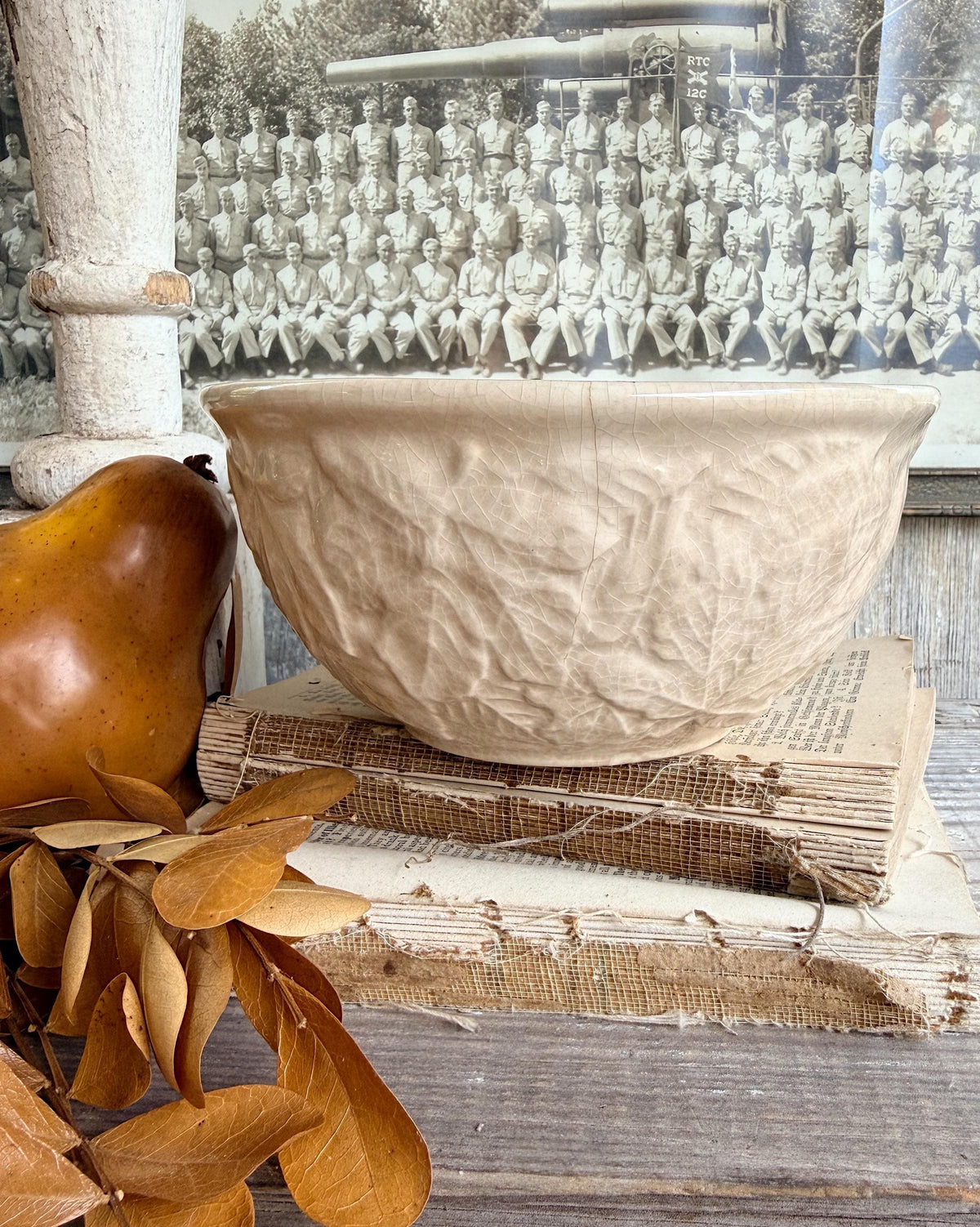 Antique White Ironstone Bowl Crazed Stained Fall Leaves