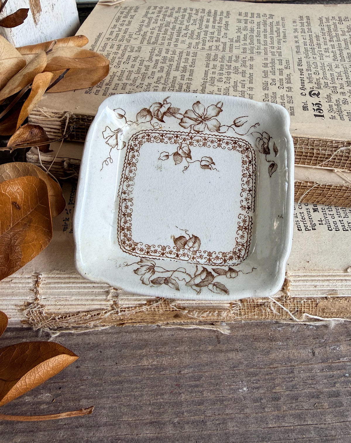 Antique SQUARE White Ironstone Butter Pat BROWN Transferware Farmhouse KENT