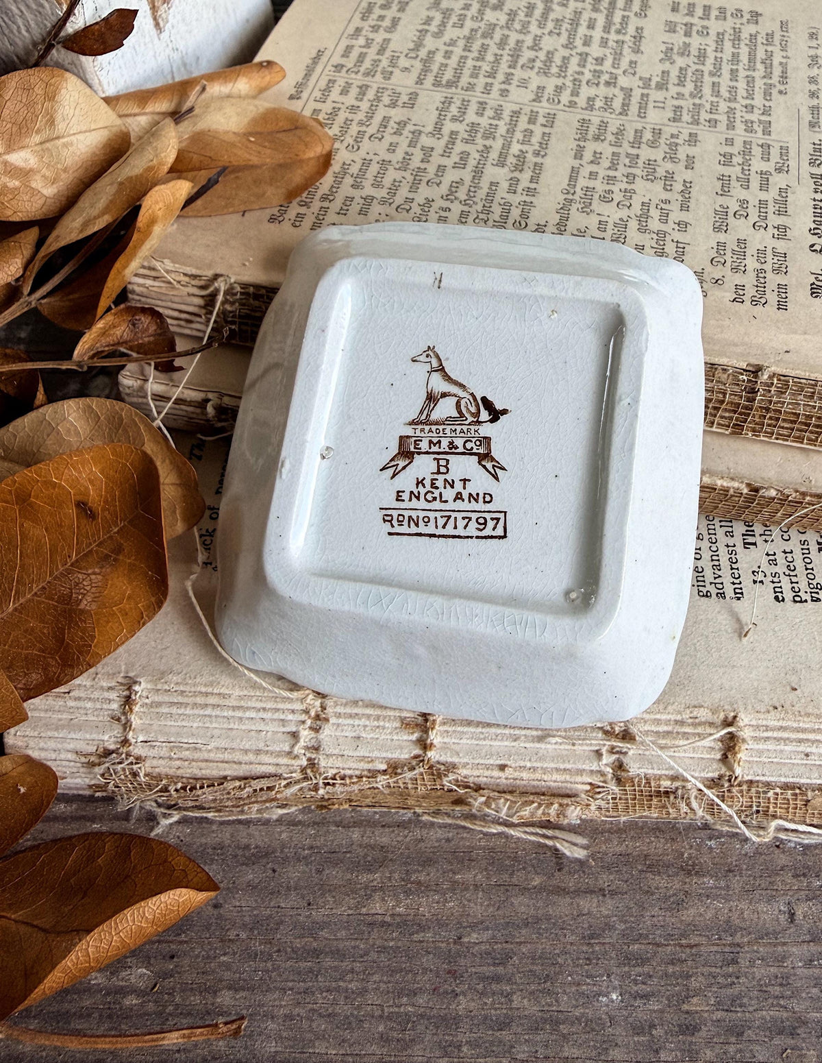 Antique SQUARE White Ironstone Butter Pat BROWN Transferware Farmhouse KENT