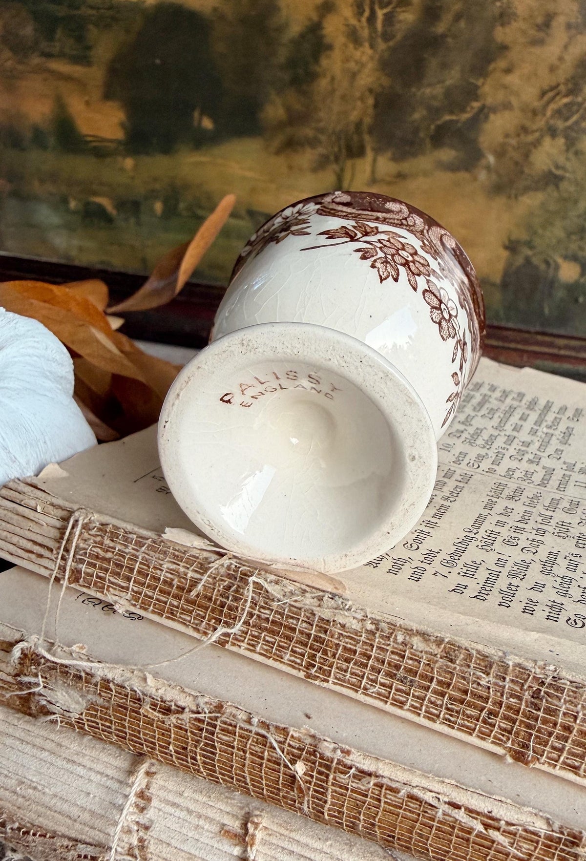 Antique Ironstone Egg Cup Brown Transferware Palissy