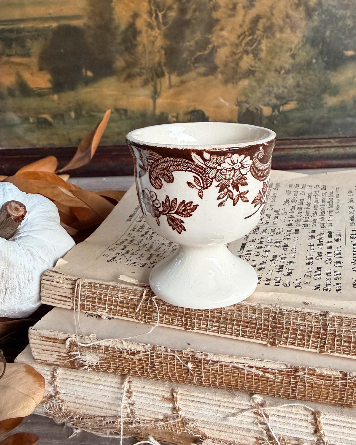 Antique Ironstone Egg Cup Brown Transferware Palissy