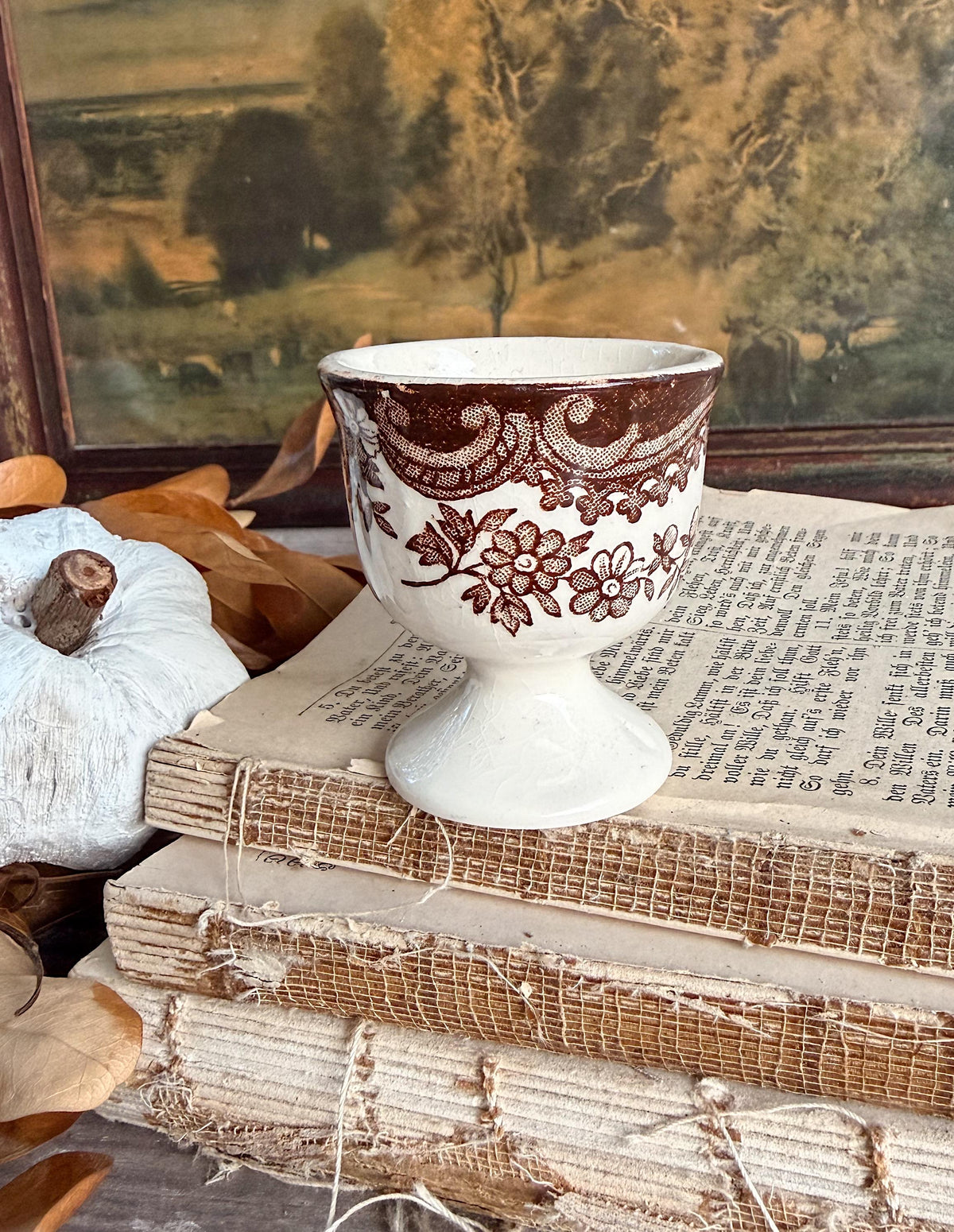 Antique Ironstone Egg Cup Brown Transferware Palissy
