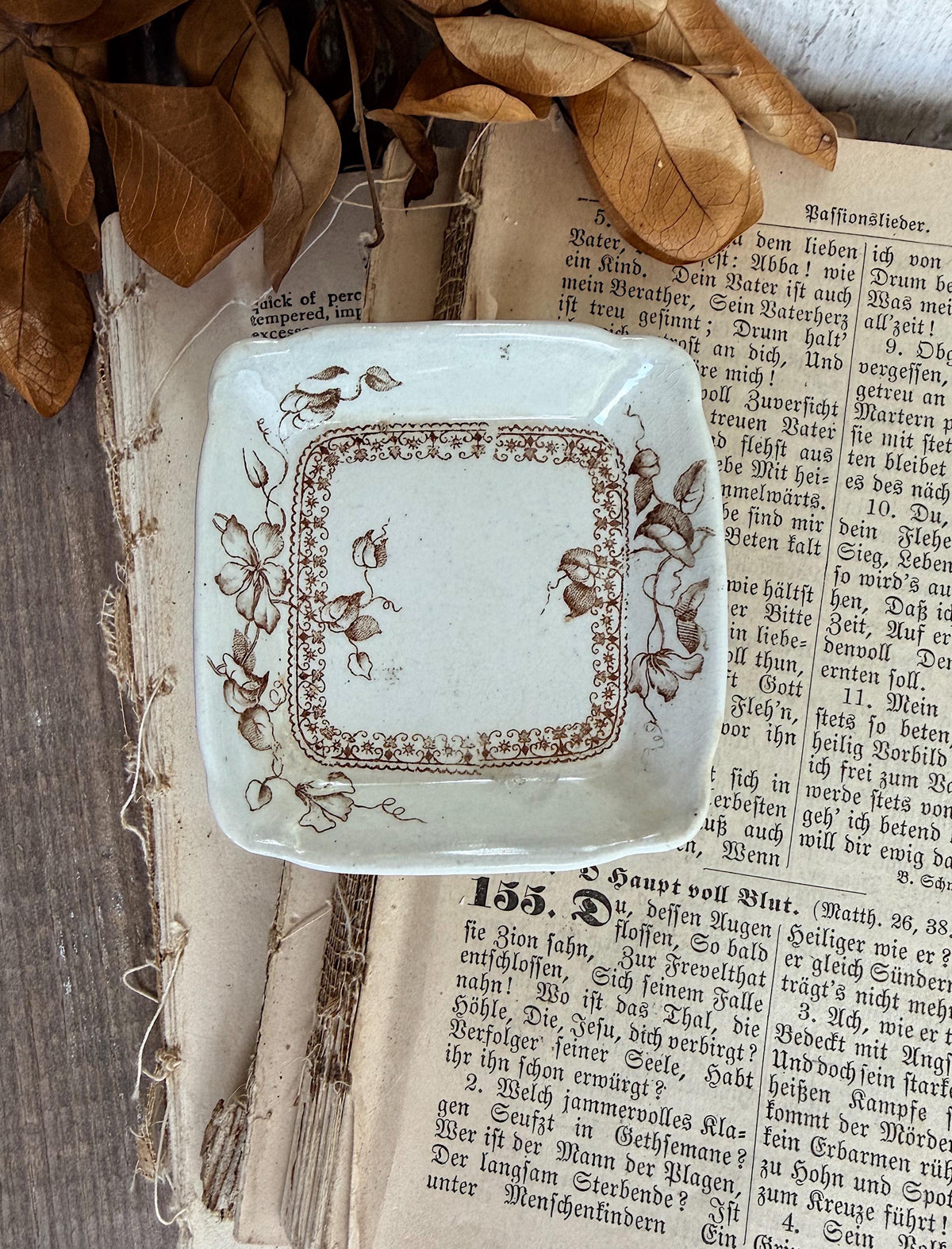 Antique SQUARE White Ironstone Butter Pat BROWN Transferware Farmhouse KENT