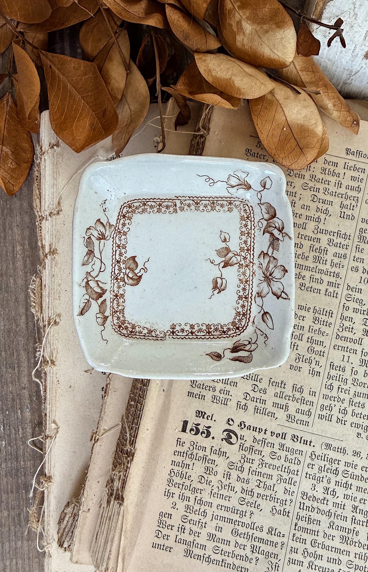 Antique SQUARE White Ironstone Butter Pat BROWN Transferware Farmhouse KENT