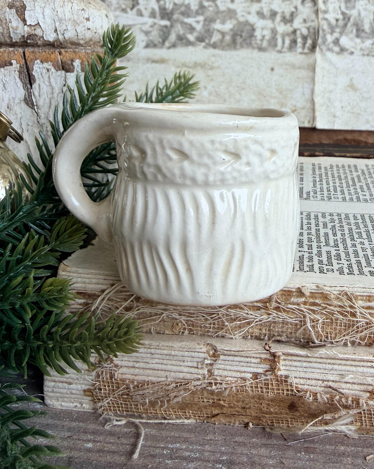 Vintage Ironstone Santa Claus Cup Mini Mug Santa Crazed Stained WHITE Farmhouse Christmas Decor JAPAN