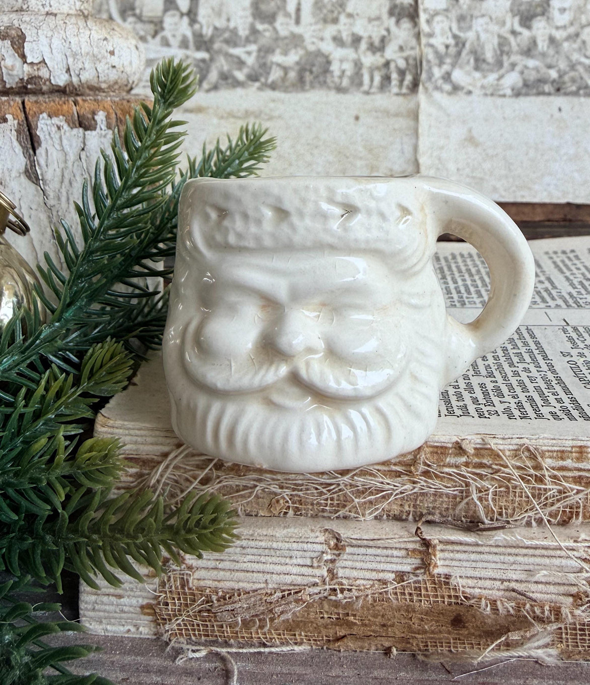 Vintage Ironstone Santa Claus Cup Mini Mug Santa Crazed Stained WHITE Farmhouse Christmas Decor JAPAN