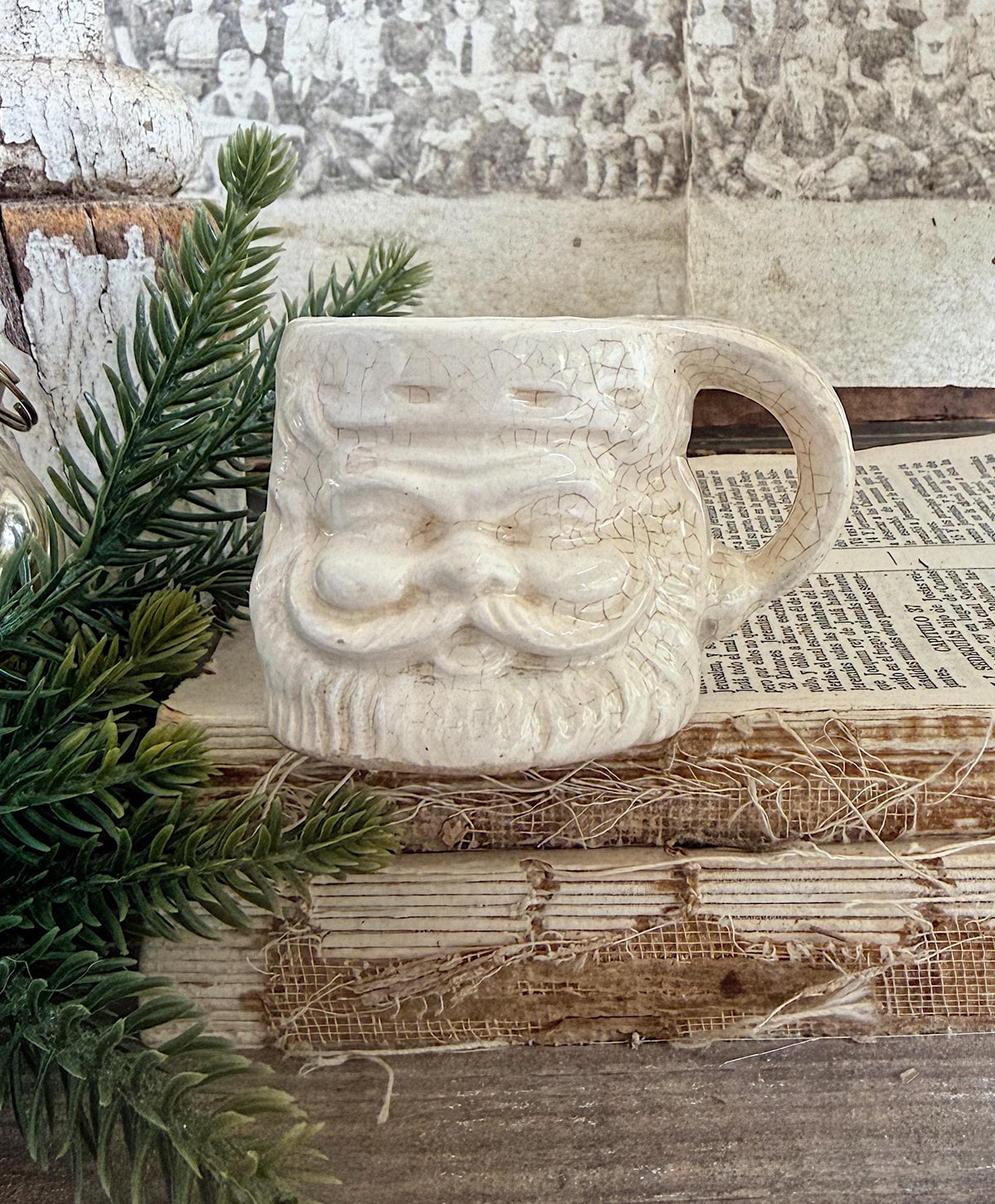 Vintage Ironstone Santa Claus Cup Mini Mug Santa Crazed Stained WHITE Farmhouse Christmas Decor JAPAN
