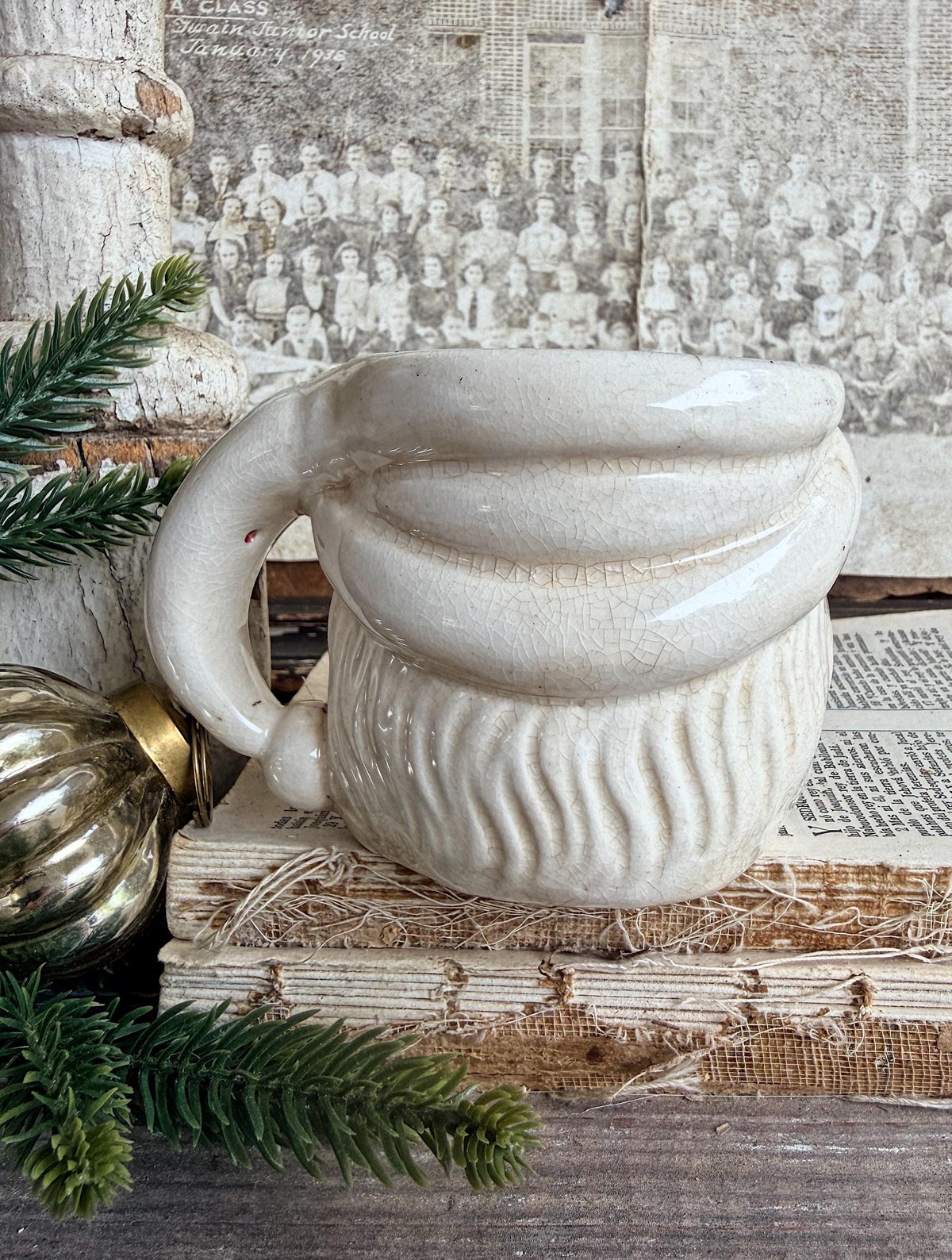 Vintage Ironstone Santa Claus Cup Mug FULL SIZE Creamy White Santa Farmhouse Christmas Decor RARE Japan Crazing Grungy Crazed