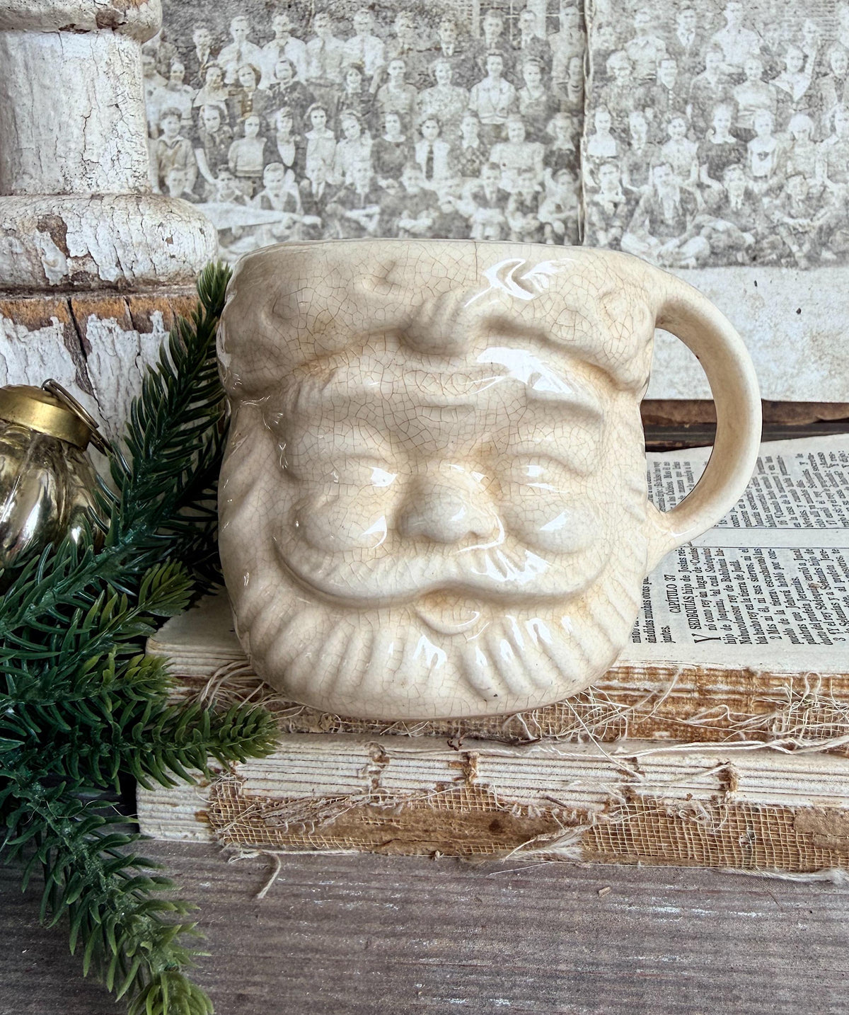 Vintage Ironstone Santa Claus Cup Mug FULL SIZE Creamy White Santa Farmhouse Christmas Decor RARE Japan Crazing Grungy Crazed
