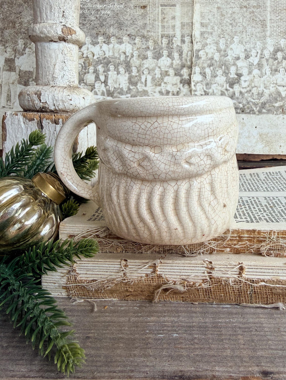 Vintage Ironstone Santa Claus Cup Mug FULL SIZE Creamy White Santa Farmhouse Christmas Decor RARE Japan Crazing Grungy Crazed