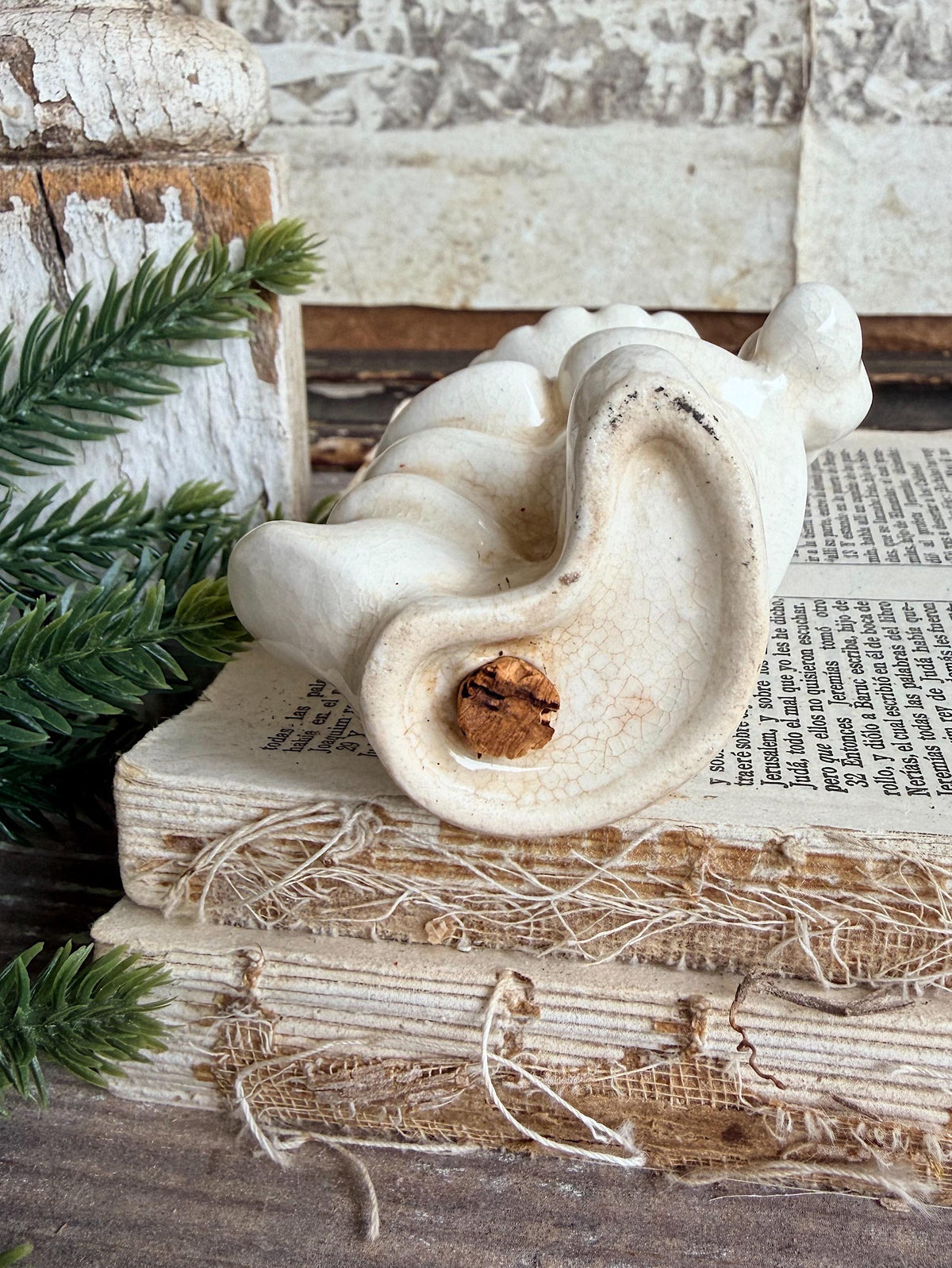 Vintage Ironstone Santa Claus Salt Shaker Creamy WHITE Farmhouse Christmas Decor Candy Cane Stained Crazing