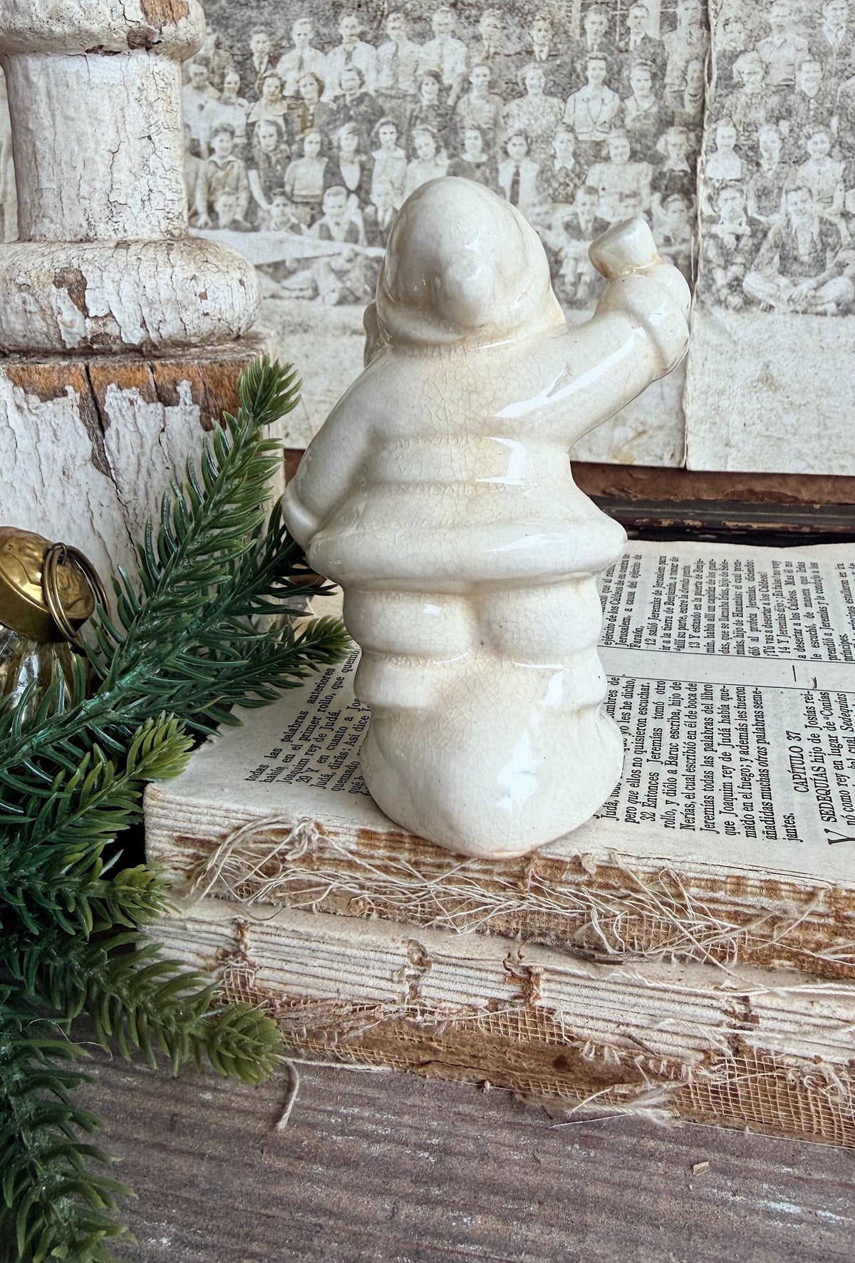 Vintage Ironstone Santa Claus Salt Shaker Creamy WHITE Farmhouse Christmas Decor Bell Stained Crazing