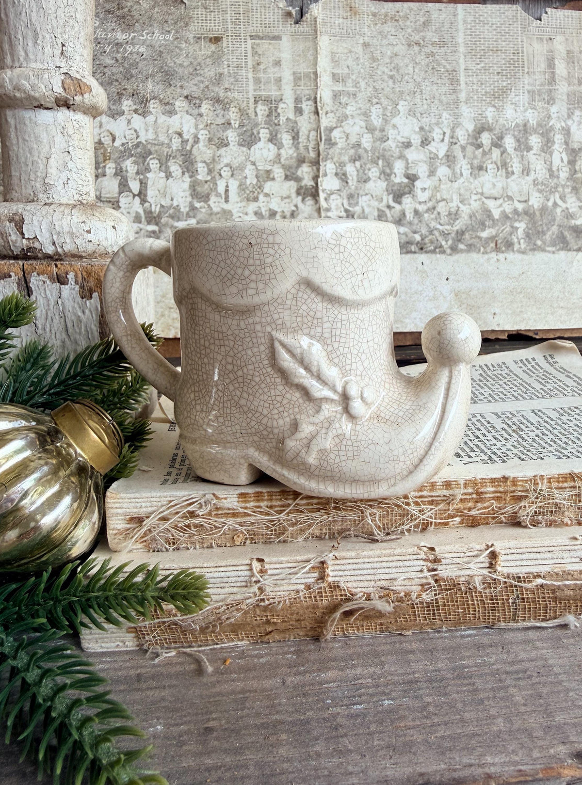Vintage Ironstone Elf BOOT Cup Mug FULL SIZE Creamy White Santa Farmhouse Christmas Decor Rare Japan Crazing Crazed