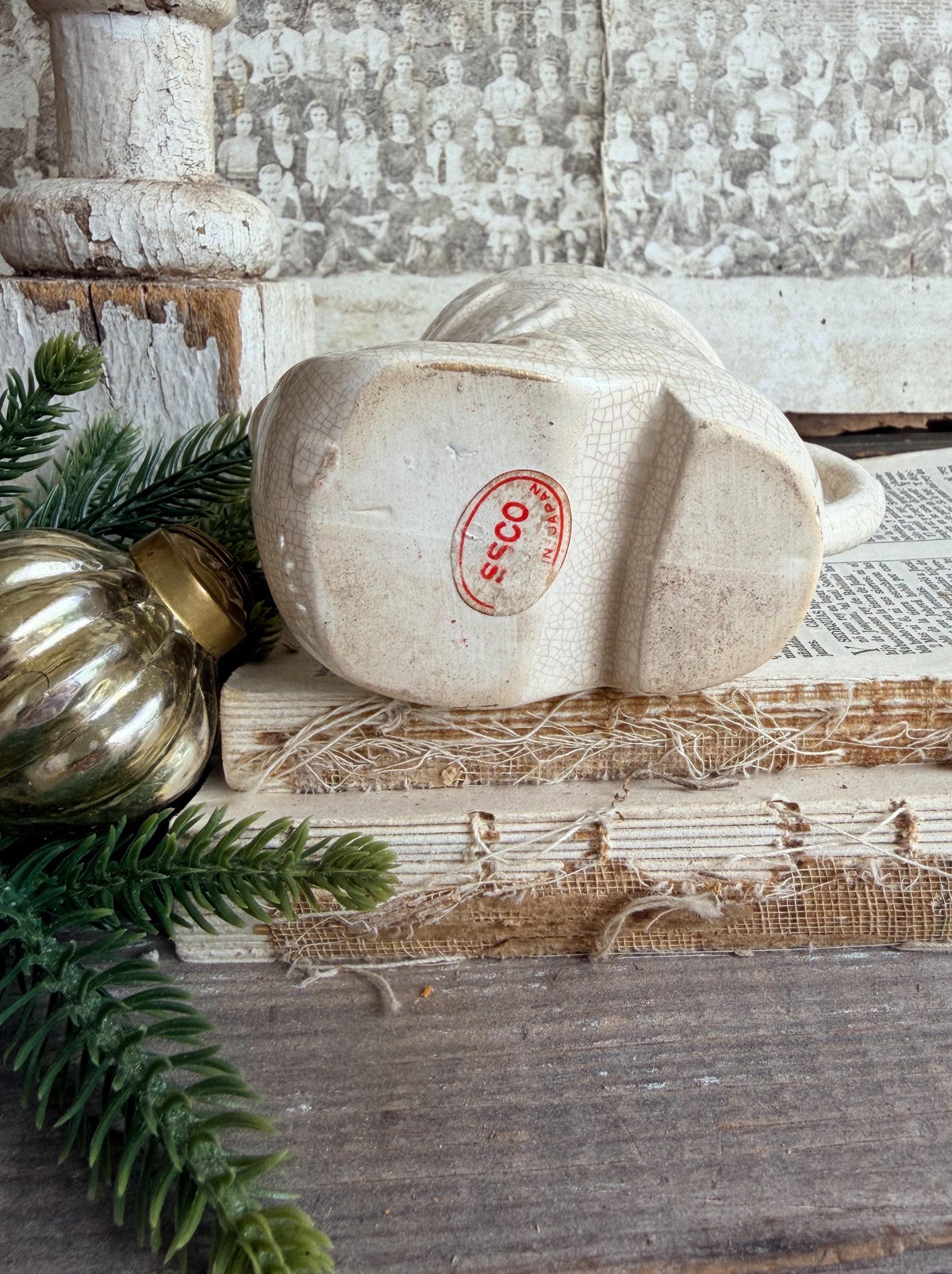 Vintage Ironstone Elf BOOT Cup Mug FULL SIZE Creamy White Santa Farmhouse Christmas Decor Rare Japan Crazing Crazed