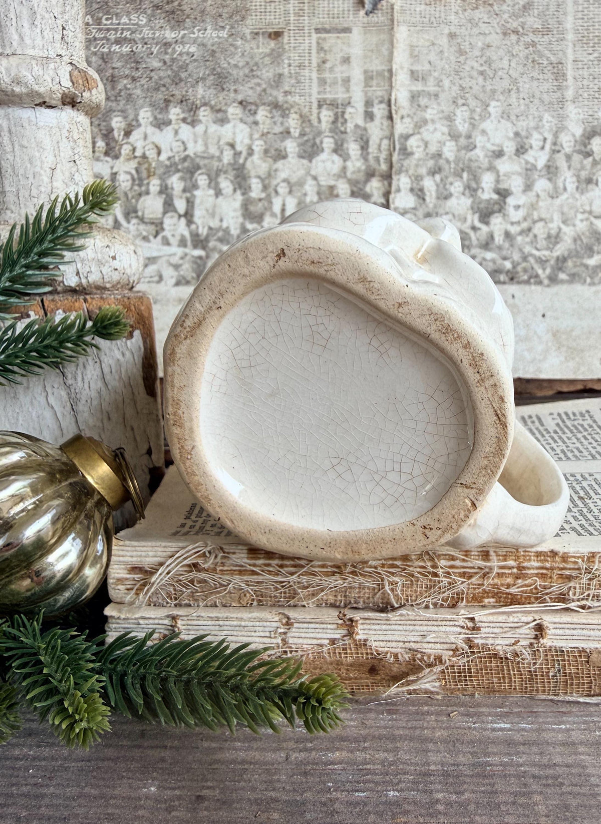 Vintage Ironstone Santa Claus Cup Mug FULL SIZE Creamy White Santa Farmhouse Christmas Decor RARE Japan Crazing Grungy Crazed
