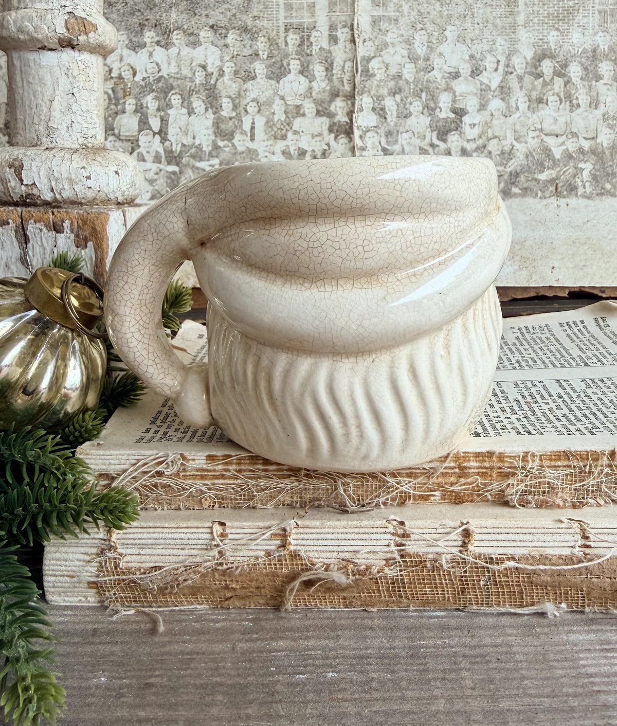 Vintage Ironstone Santa Claus Cup Mug FULL SIZE Creamy White Santa Farmhouse Christmas Decor RARE Japan Crazing Grungy Crazed