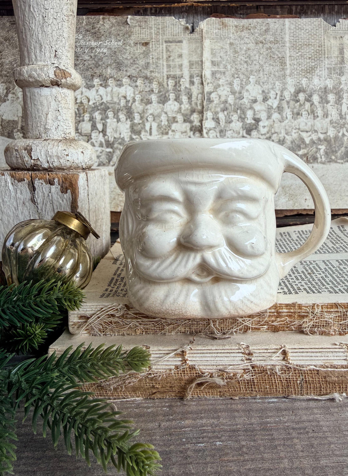 Vintage Ironstone Santa Claus Cup Mug FULL SIZE Creamy White Santa Farmhouse Christmas Decor RARE Japan Crazing Grungy Crazed