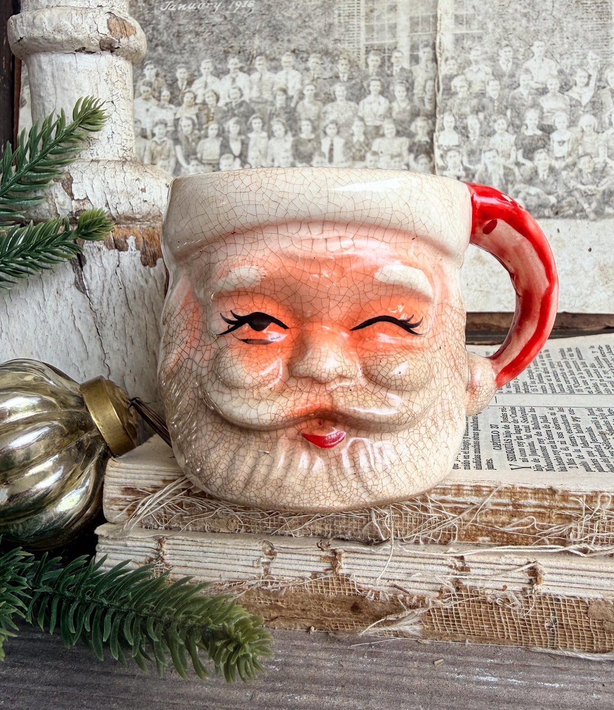 Vintage Ironstone Santa Claus Cup Mug FULL SIZE Creamy White Red Painted Farmhouse Christmas Decor RARE Japan Grungy Heavily Crazed
