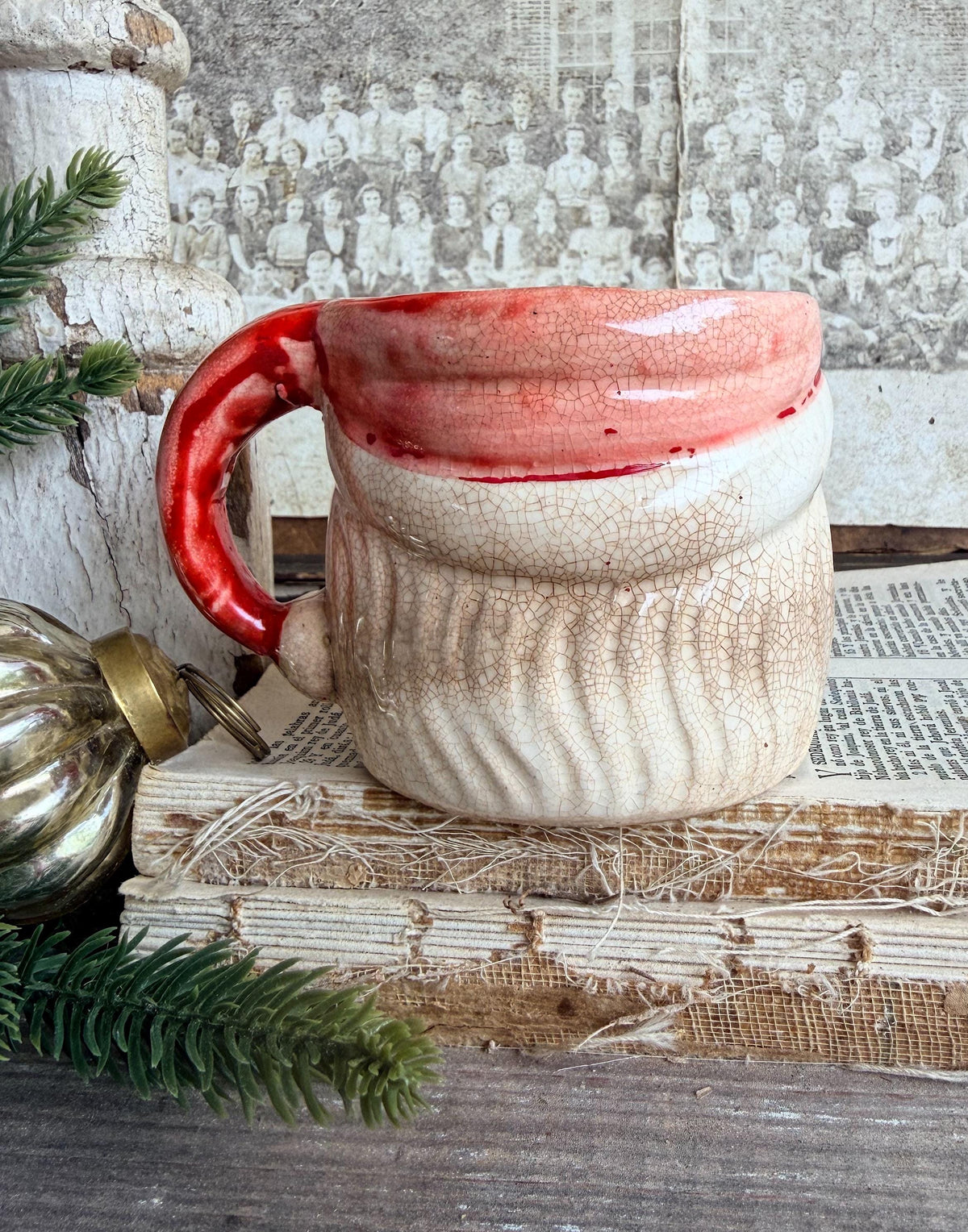 Vintage Ironstone Santa Claus Cup Mug FULL SIZE Creamy White Red Painted Farmhouse Christmas Decor RARE Japan Grungy Heavily Crazed