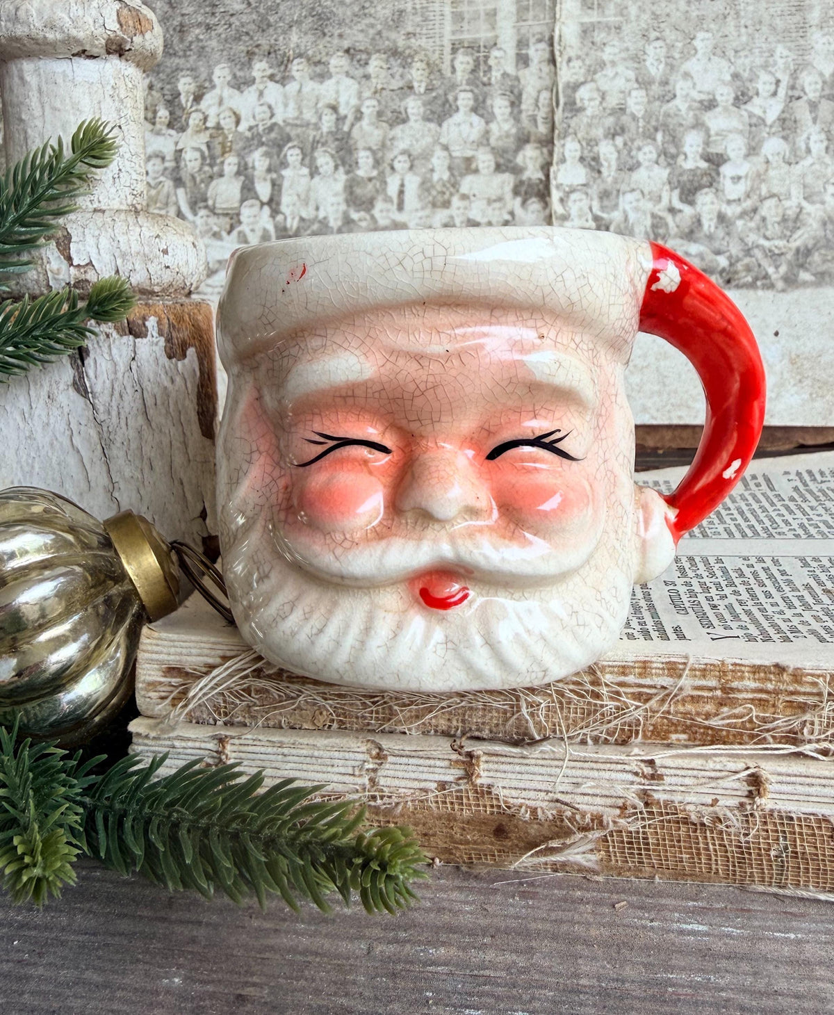 Vintage Ironstone Santa Claus Cup Mug FULL SIZE Creamy White Red Painted Farmhouse Christmas Decor RARE Japan Grungy Heavily Crazed