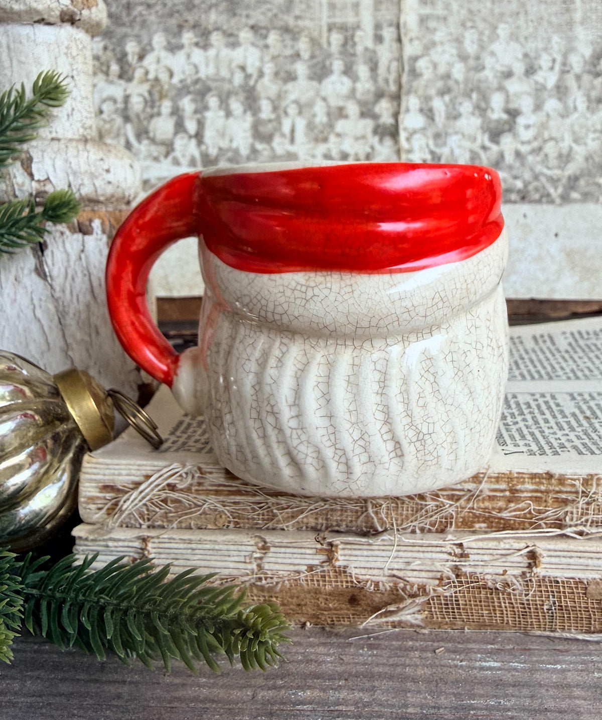 Vintage Ironstone Santa Claus Cup Mug FULL SIZE Creamy White Red Painted Farmhouse Christmas Decor RARE Japan Grungy Heavily Crazed
