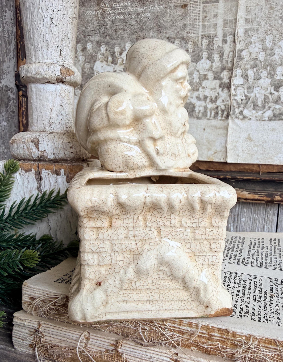 Vintage SANTA CHIMNEY PLANTER Creamy White Ironstone Crazing Grungy Ceramic Container Farmhouse Christmas Decor Japan