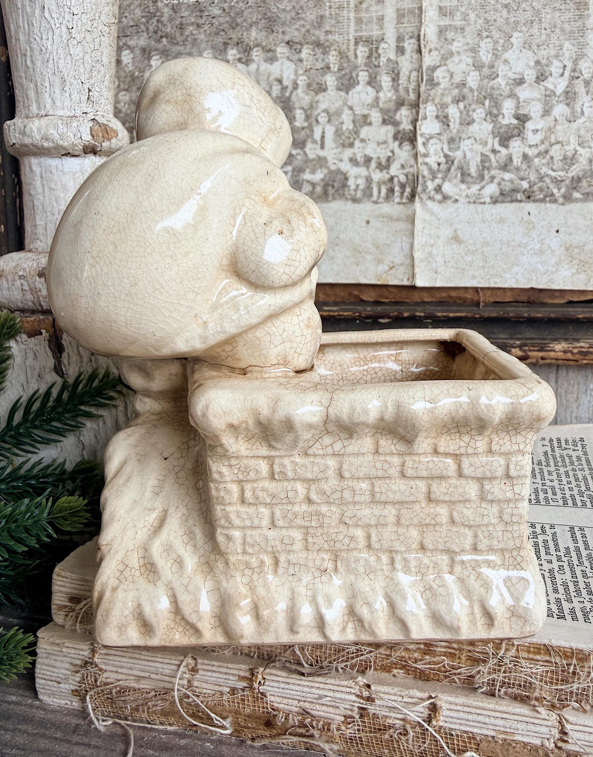 Vintage SANTA CHIMNEY PLANTER Creamy White Ironstone Crazing Grungy Ceramic Container Farmhouse Christmas Decor Japan