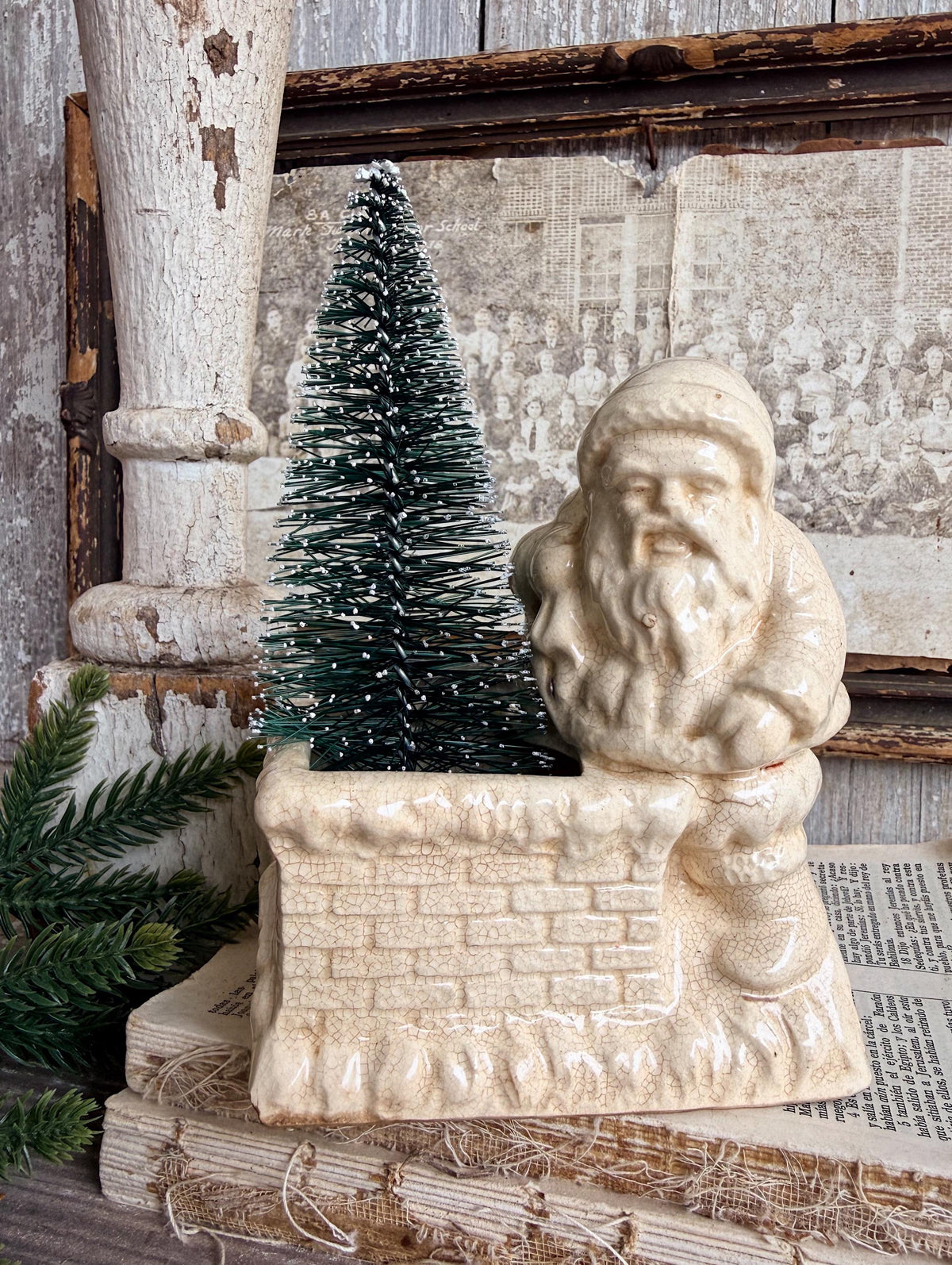 Vintage SANTA CHIMNEY PLANTER Creamy White Ironstone Crazing Grungy Ceramic Container Farmhouse Christmas Decor Japan