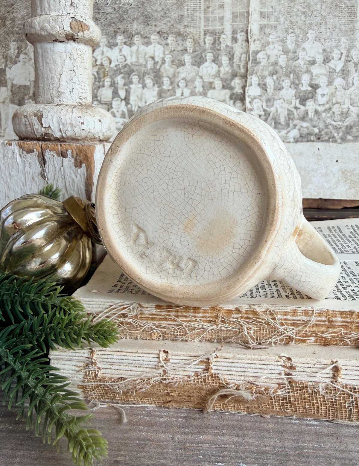 Vintage Ironstone Santa Claus Cup Mug FULL SIZE Creamy White Santa Farmhouse Christmas Decor RARE Japan Crazing Grungy Crazed