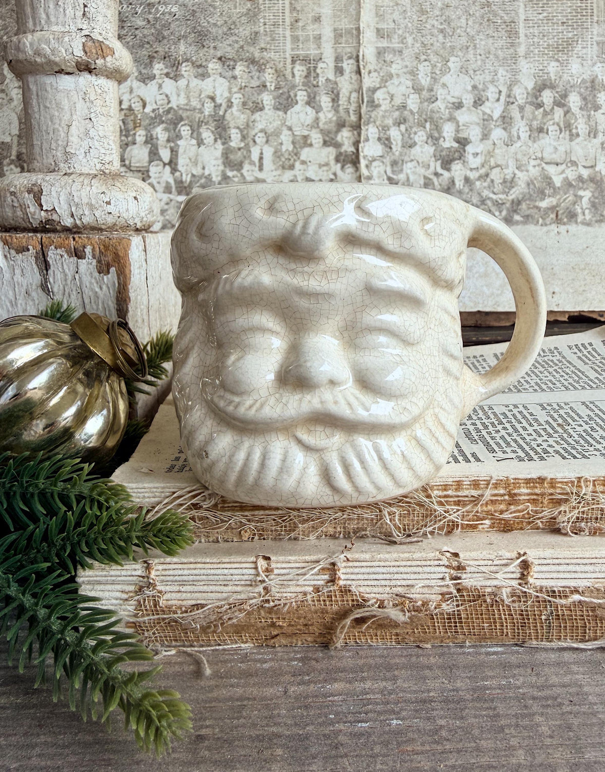 Vintage Ironstone Santa Claus Cup Mug FULL SIZE Creamy White Santa Farmhouse Christmas Decor RARE Japan Crazing Grungy Crazed