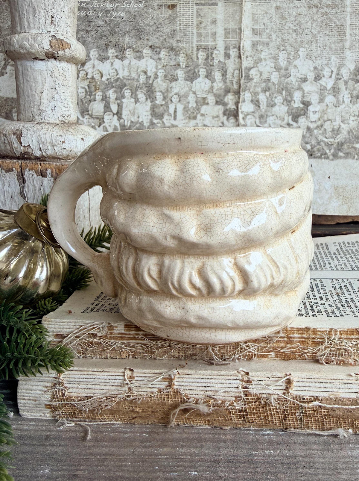 Vintage Ironstone Santa Claus Cup Mug FULL SIZE Creamy White Santa Farmhouse Christmas Decor RARE Japan Crazing Grungy Crazed