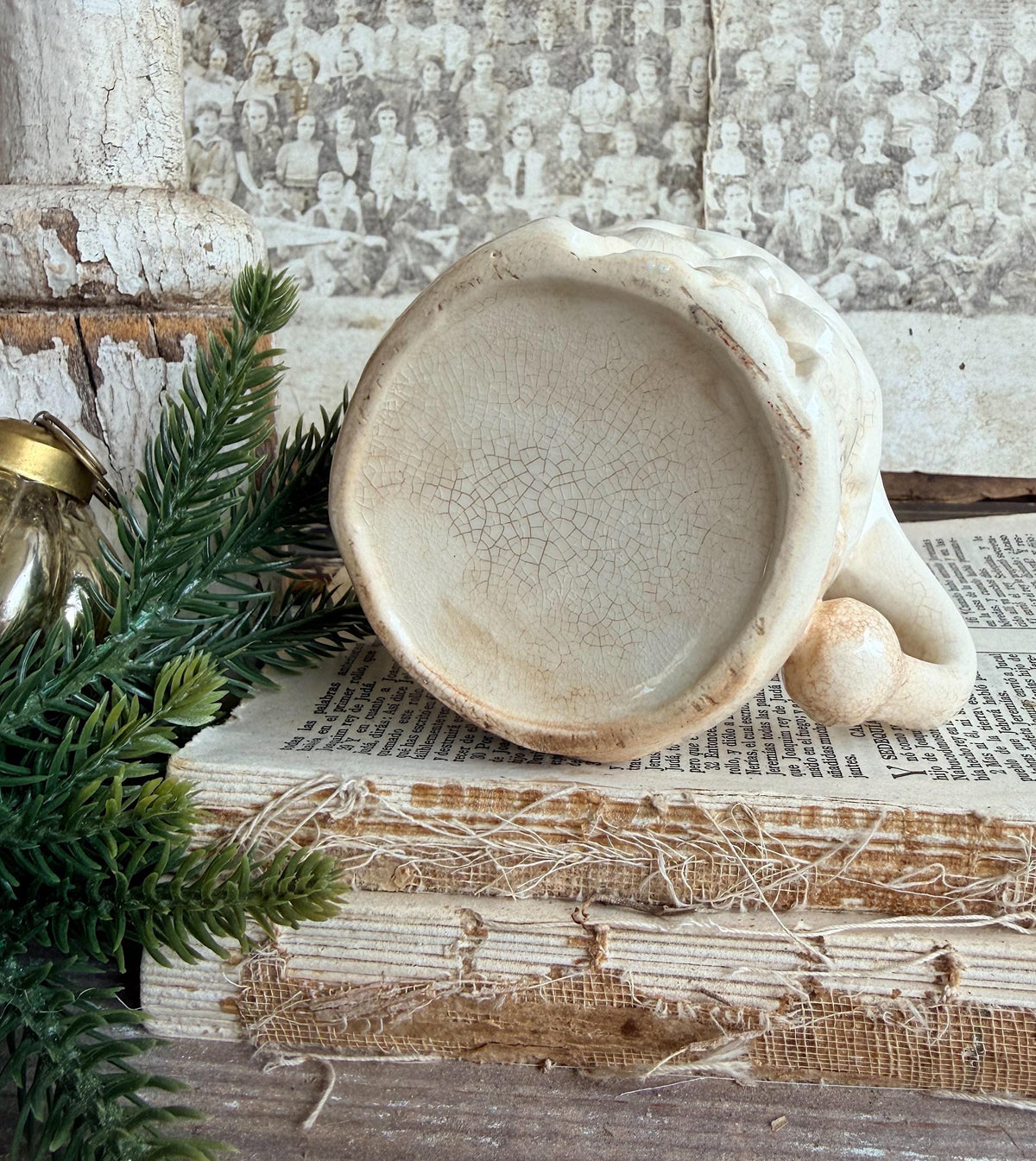 Vintage Ironstone Santa Claus Cup Mug FULL SIZE Creamy White Santa Farmhouse Christmas Decor RARE Japan Crazing Grungy Crazed