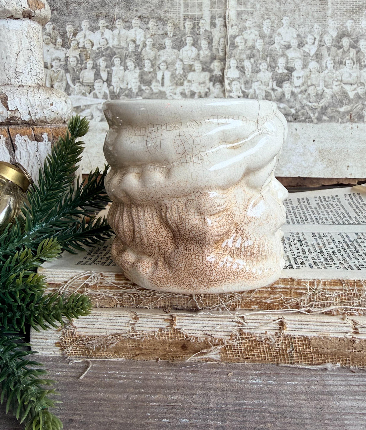 Vintage Ironstone Santa Claus Cup Mug FULL SIZE Creamy White Santa Farmhouse Christmas Decor RARE Japan Crazing Grungy Crazed